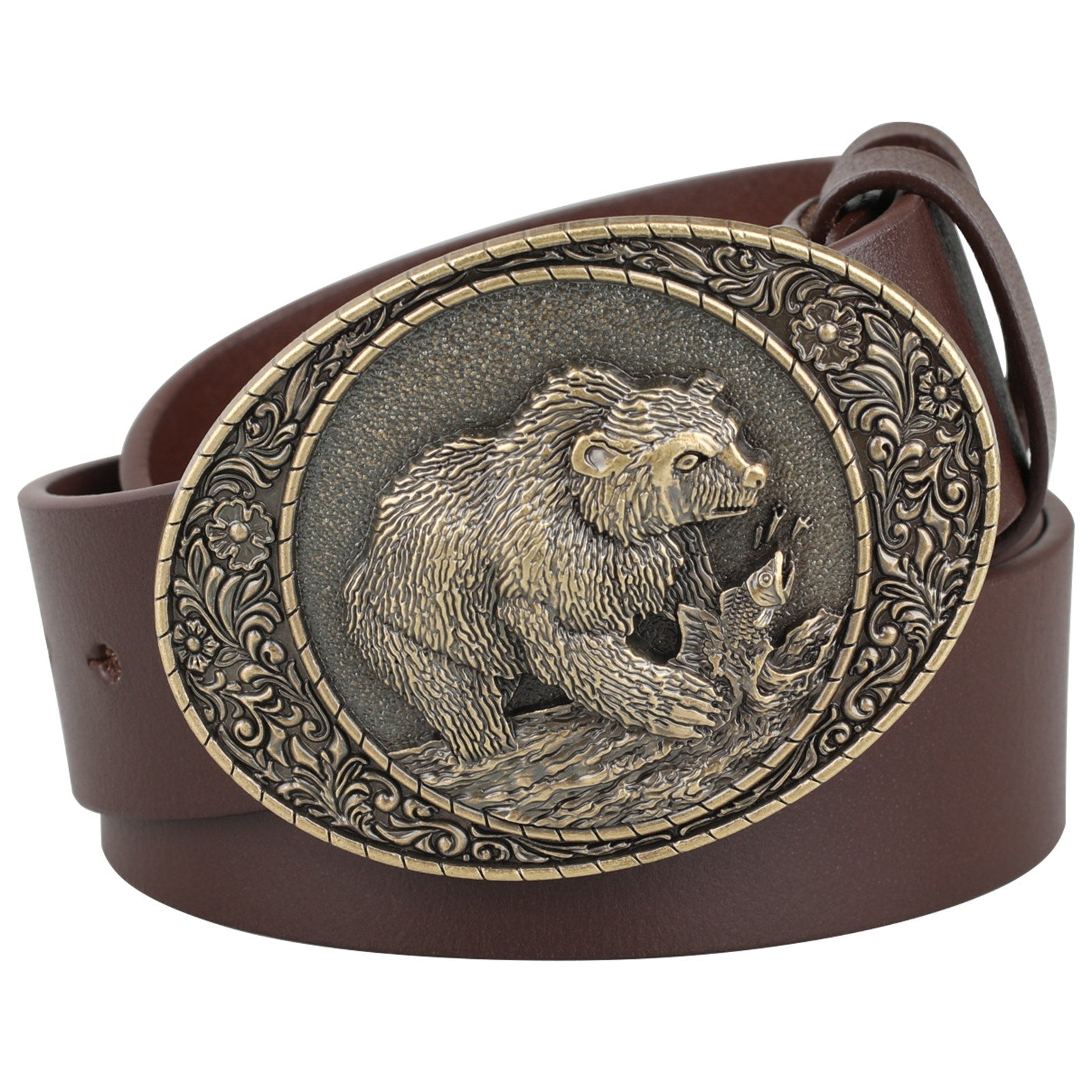 Genuine Mens Leather Belt Antique Bronze Grizzly Bear Fishing Oval Buckle - CowderryBeltsBrown