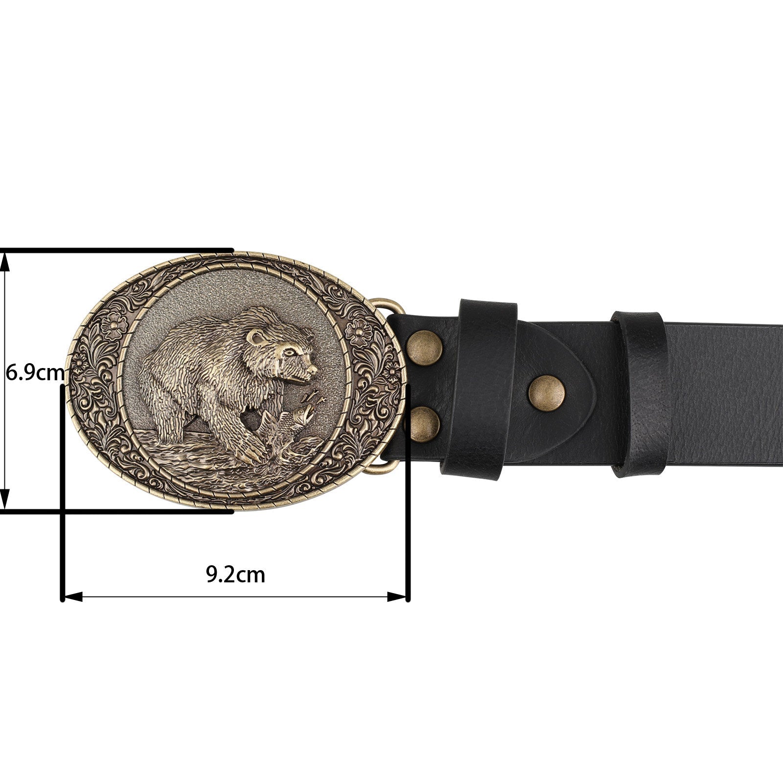 Genuine Mens Leather Belt Antique Bronze Grizzly Bear Fishing Oval Buckle - CowderryBeltsBrown