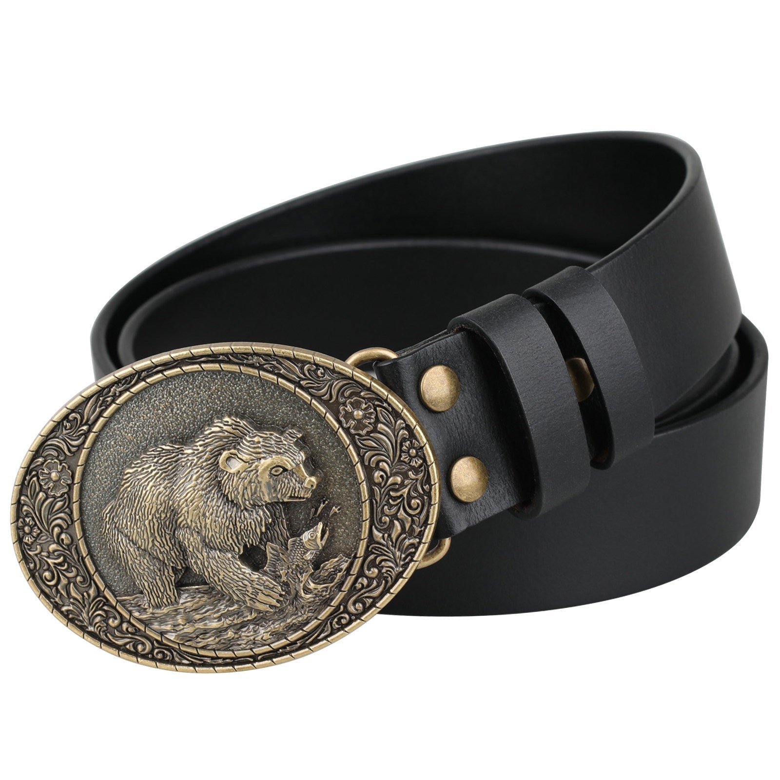 Genuine Mens Leather Belt Antique Bronze Grizzly Bear Fishing Oval Buckle - CowderryBeltsBrown