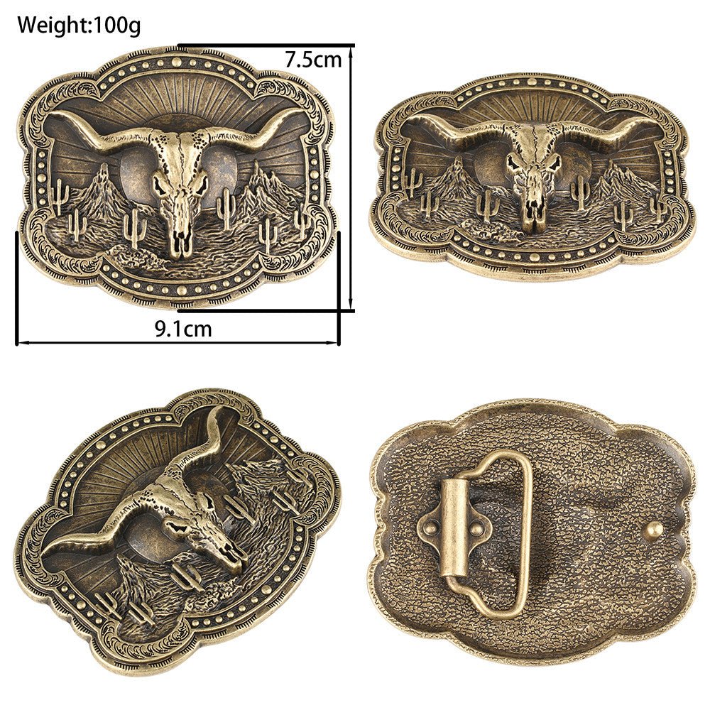 Longhorn Skull Western Belt Buckle with Desert Cactus - CowderryBelt Buckle