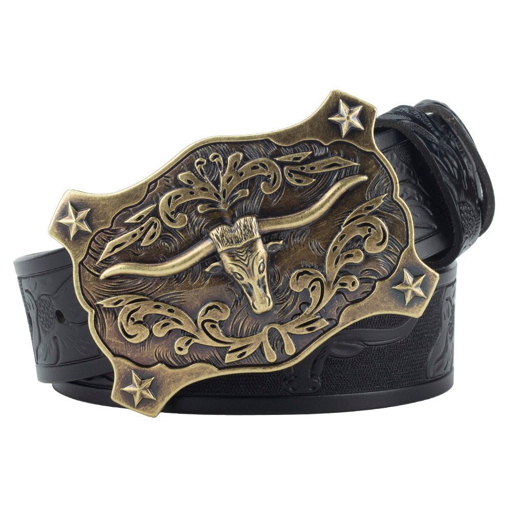 Longhorn Western Leather Belt with Antique Bronze Star Buckle - CowderryBeltsBlack