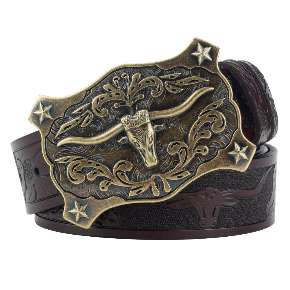 Longhorn Western Leather Belt with Antique Bronze Star Buckle - CowderryBeltsDark Brown