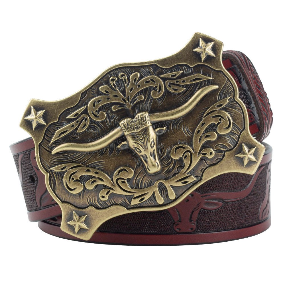 Longhorn Western Leather Belt with Antique Bronze Star Buckle - CowderryBeltsLighter Brown