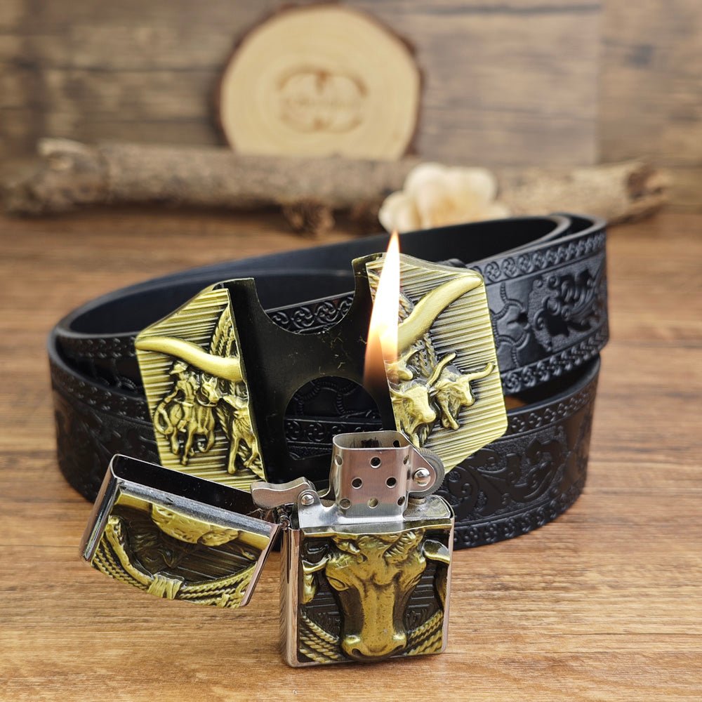Mens Black Embossed Leather Belt Longhorn Bull Hidden Lighter Square Buckle - CowderryBrown