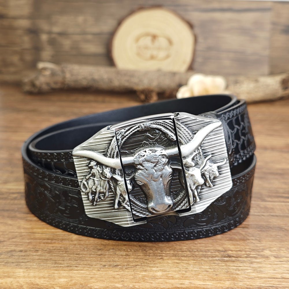 Mens Black Embossed Leather Belt Longhorn Bull Hidden Lighter Square Buckle - CowderrySilver