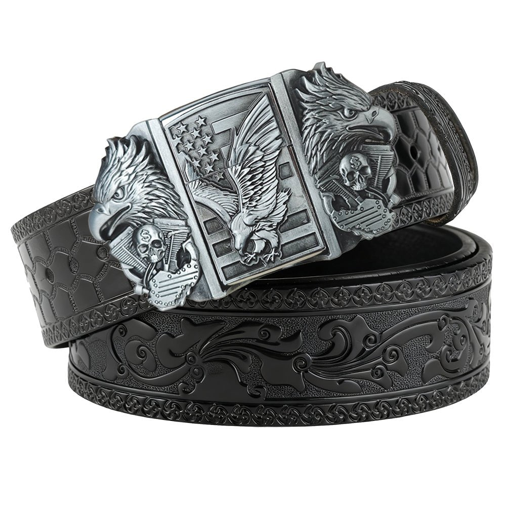 Mens Black Leather Belt Trucker Eagle American Flag Hidden Lighter Buckle - CowderryBelt with LighterEagle Skull