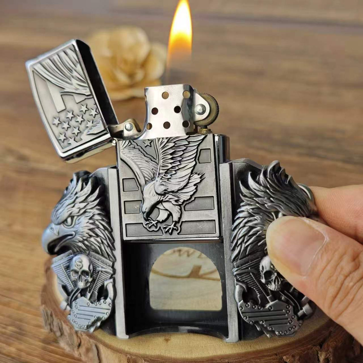 Mens Black Leather Belt Trucker Eagle American Flag Hidden Lighter Buckle - CowderryBelt with LighterEagle Skull