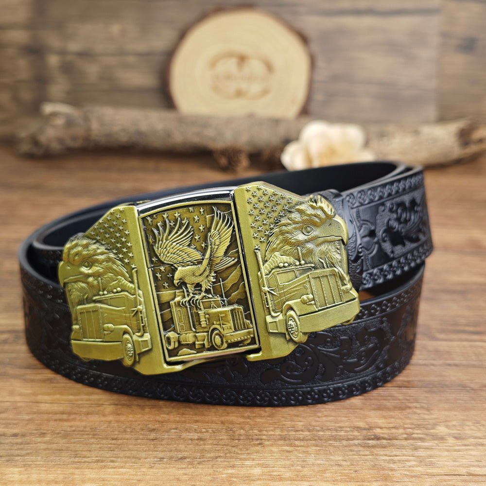 Mens Black Leather Belt Trucker Eagle American Flag Hidden Lighter Buckle - CowderryBeltsBrown