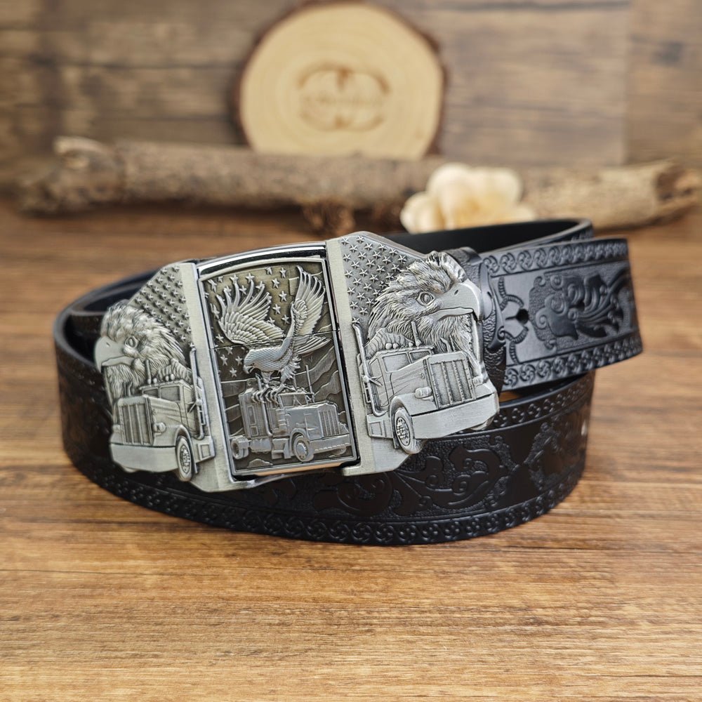Mens Black Leather Belt Trucker Eagle American Flag Hidden Lighter Buckle - CowderryBeltsSilver