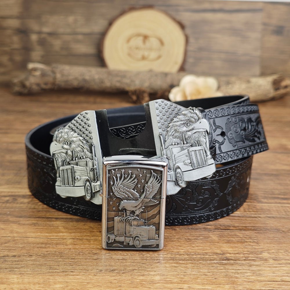 Mens Black Leather Belt Trucker Eagle American Flag Hidden Lighter Buckle - CowderryBeltsSilver