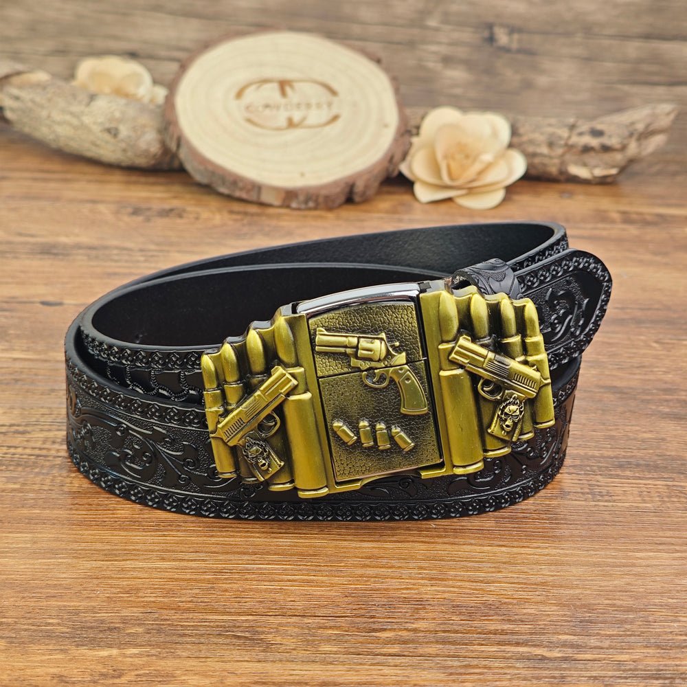 Mens Black Leather Belt with Hidden Lighter Gun Bullet Buckle - CowderryBeltsBrown