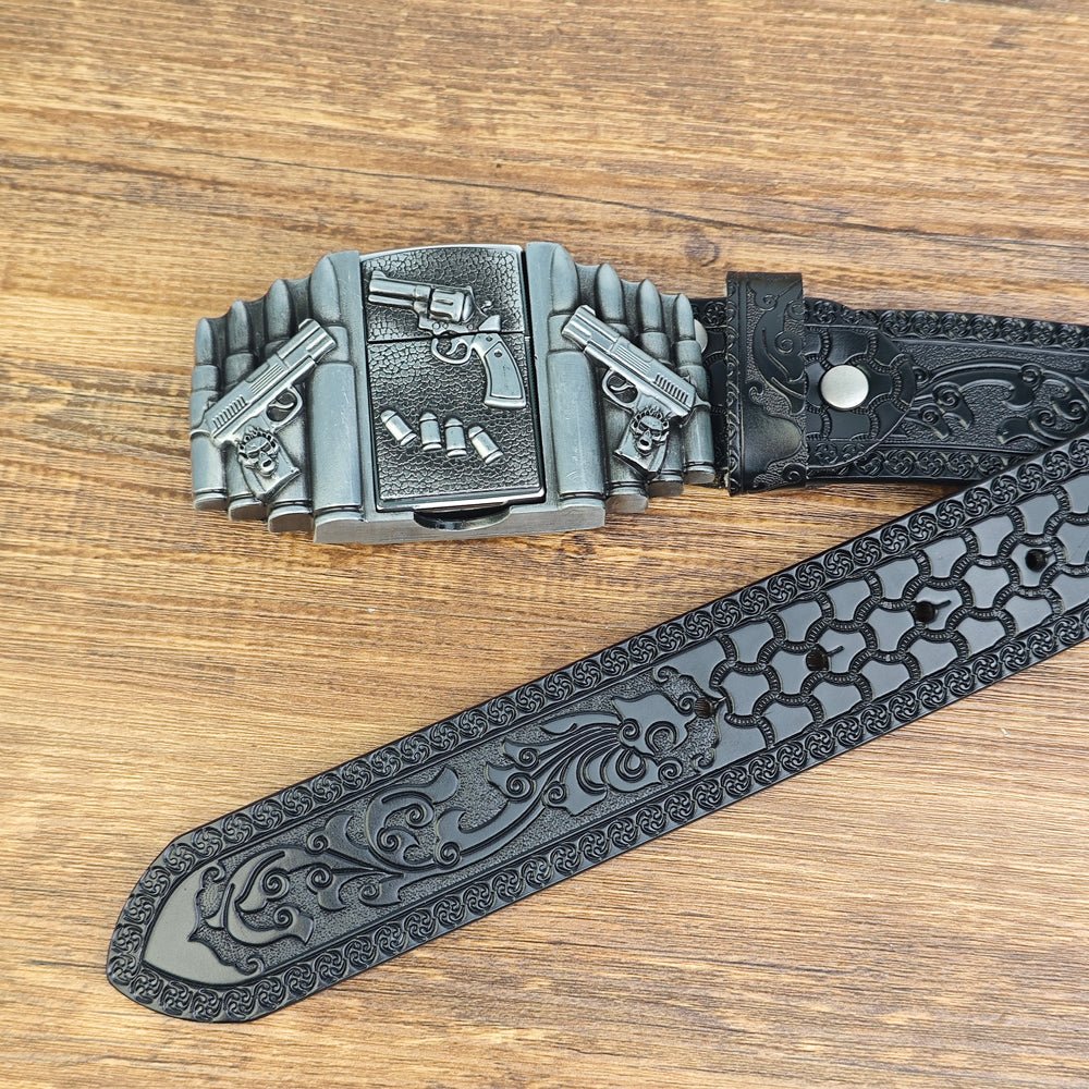 Mens Black Leather Belt with Hidden Lighter Gun Bullet Buckle - CowderryBeltsSilver