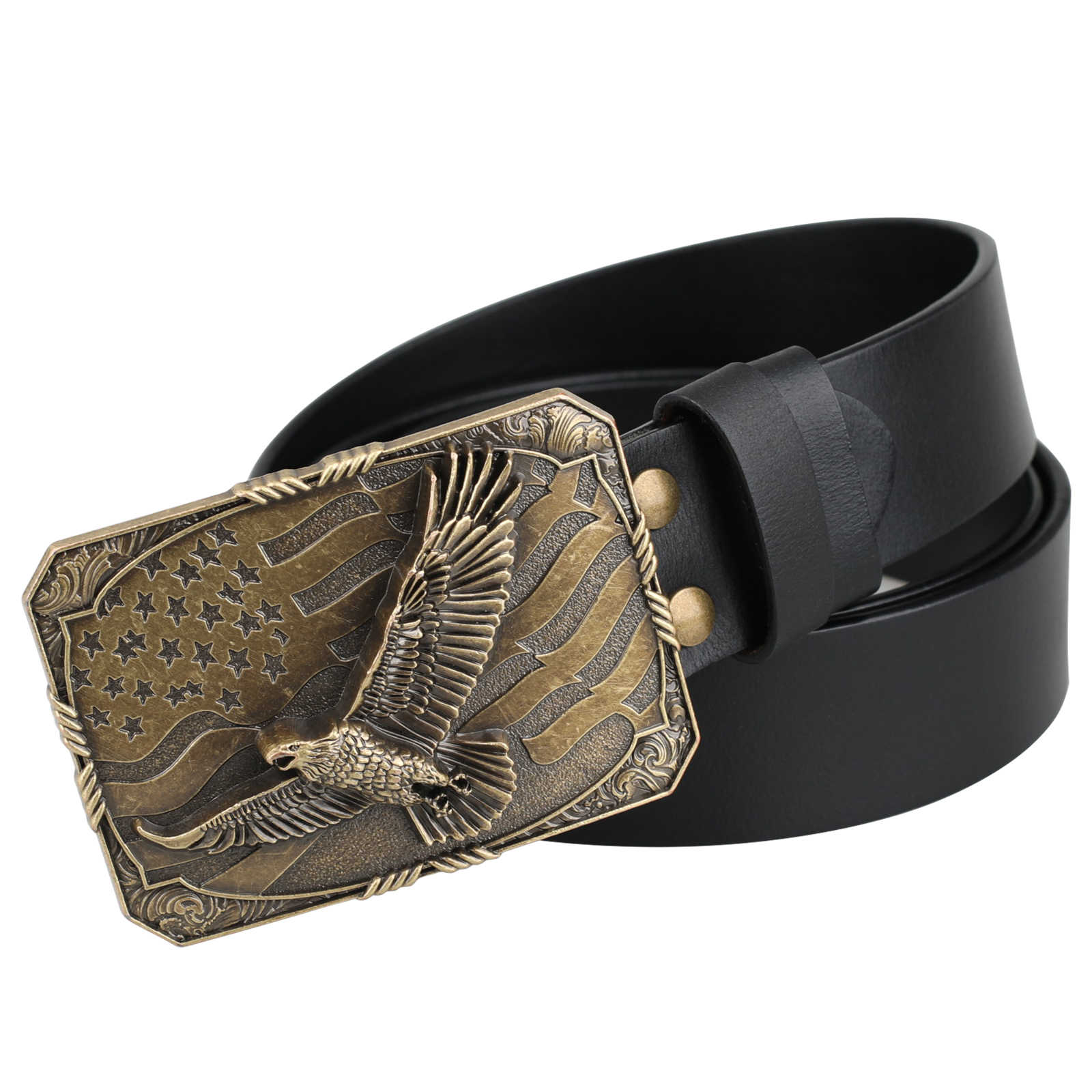 Mens Genuine Leather Belt Antique Bronze American Eagle Flag Square Buckle Patriot - CowderryBeltsBlack
