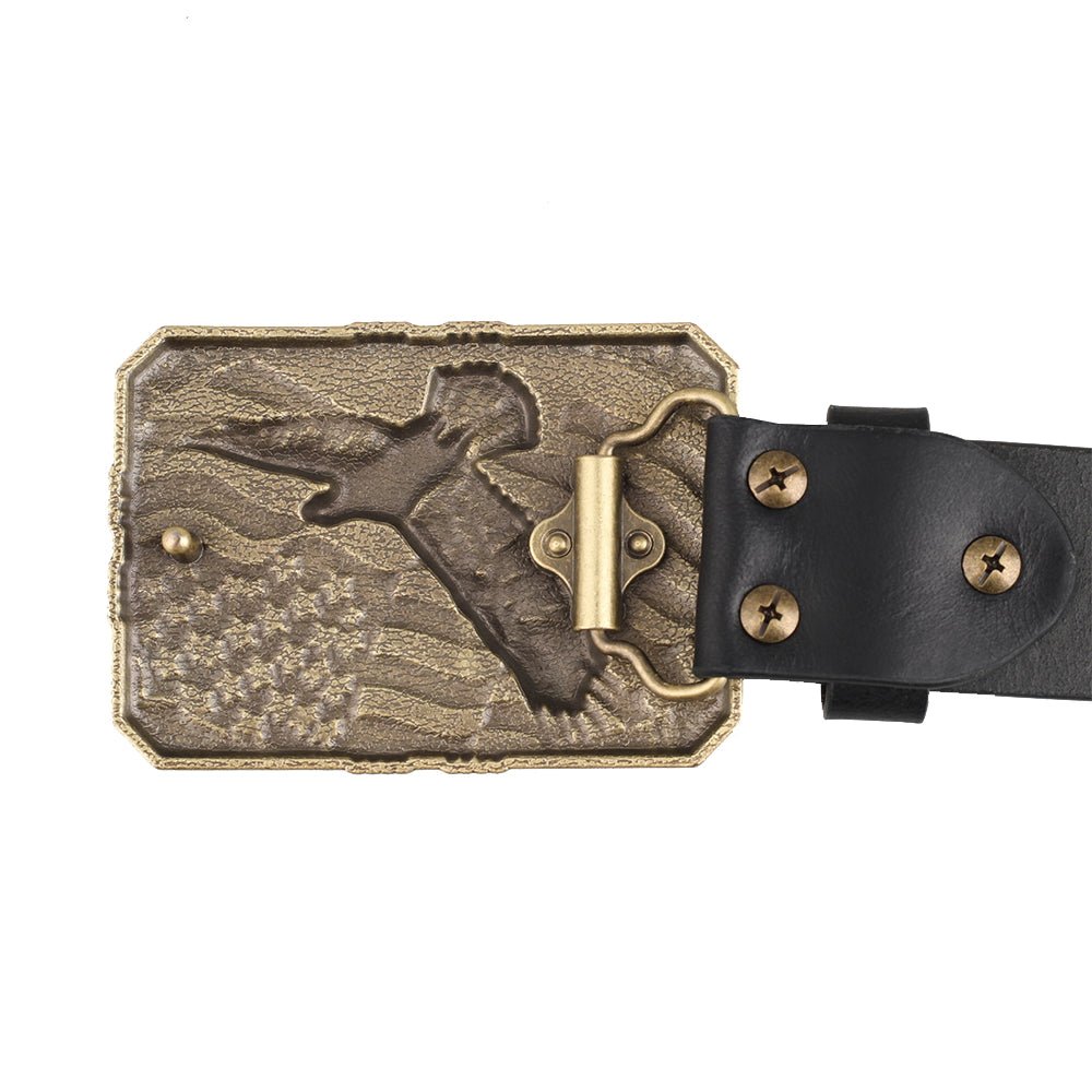 Mens Genuine Leather Belt Antique Bronze American Eagle Flag Square Buckle Patriot - CowderryBeltsDark Brown