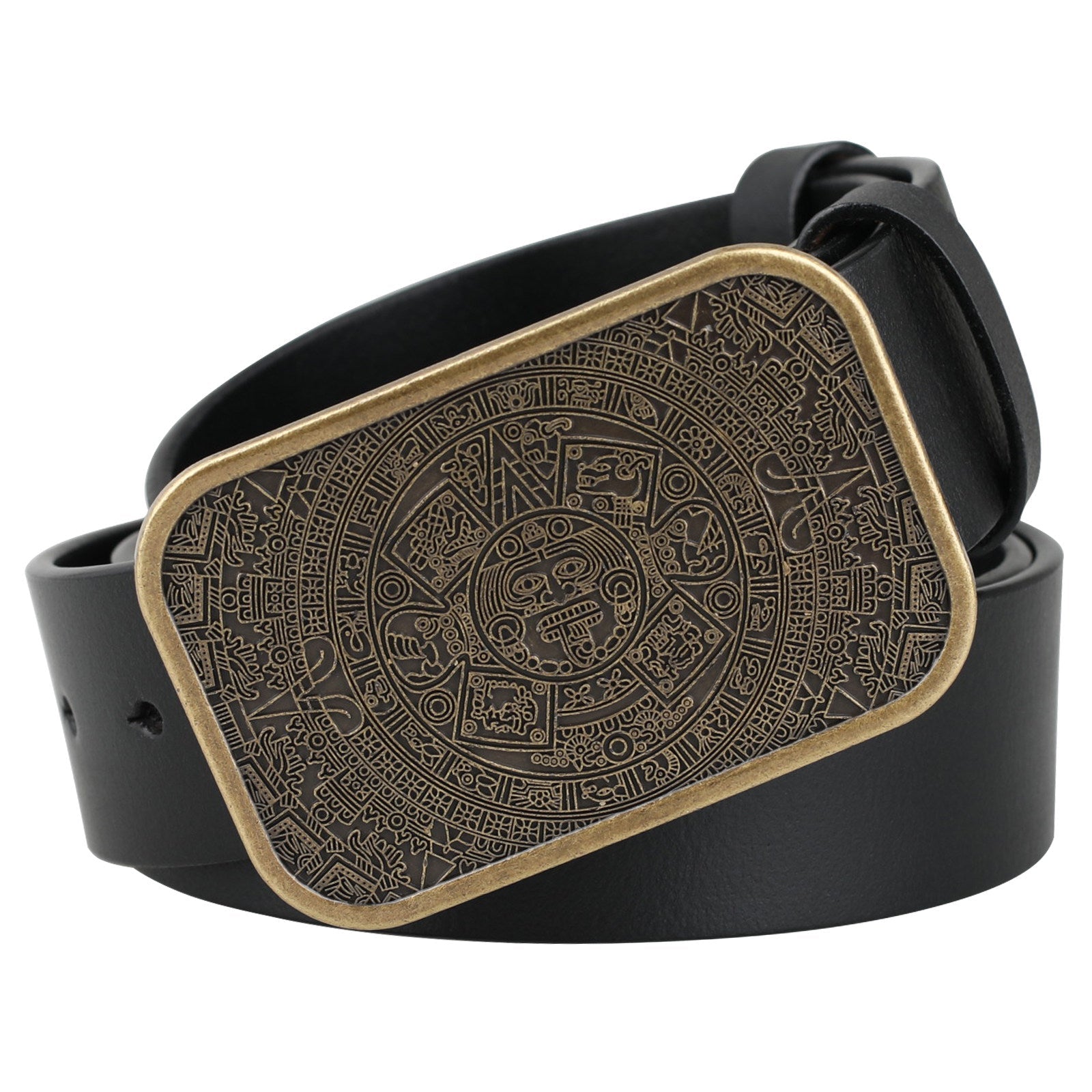 Mens Genuine Leather Belt Aztec Mayan Sun Calendar Rectangle Buckle - CowderryBeltsAntique Gold