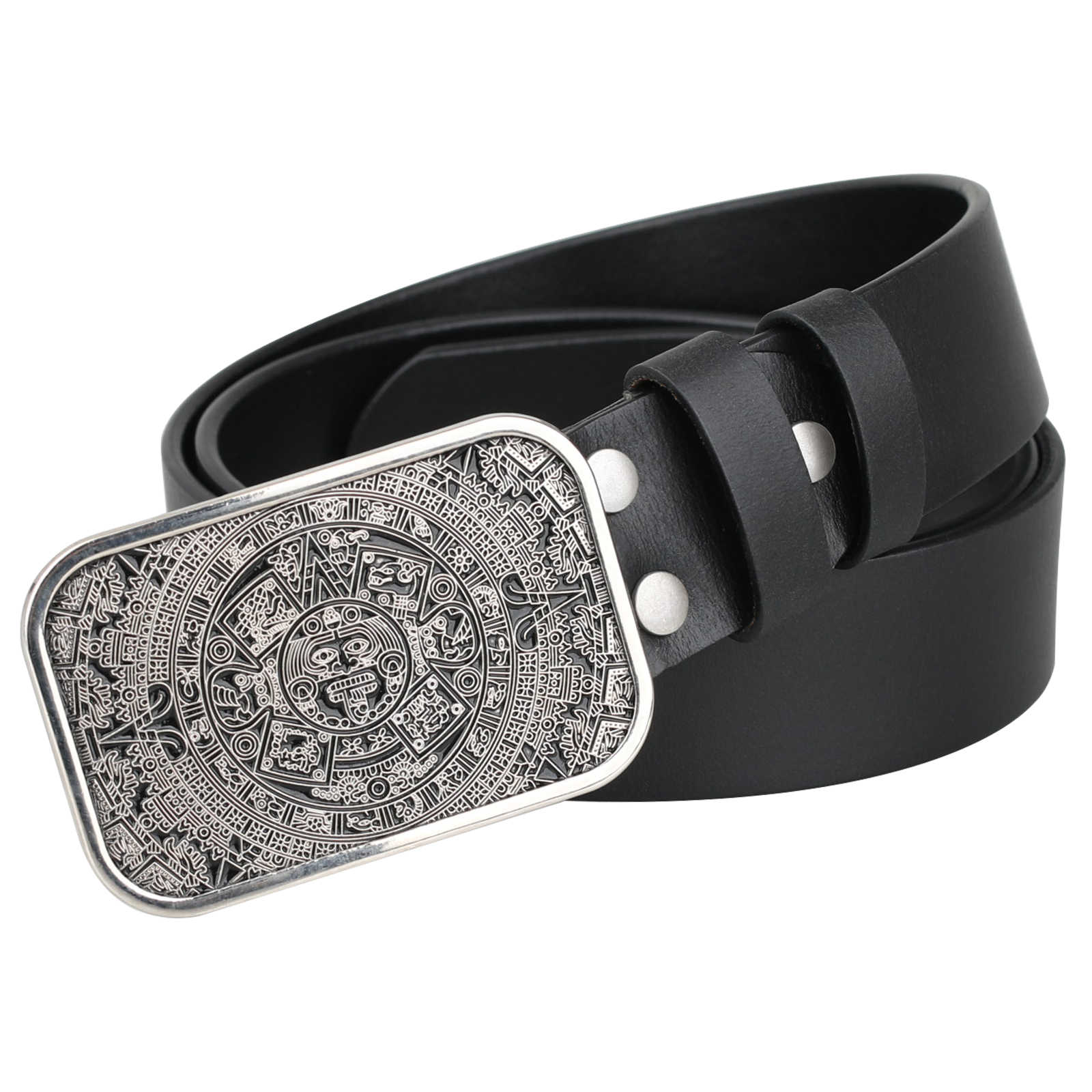 Mens Genuine Leather Belt Aztec Mayan Sun Calendar Rectangle Buckle - CowderryBeltsAntique Silver