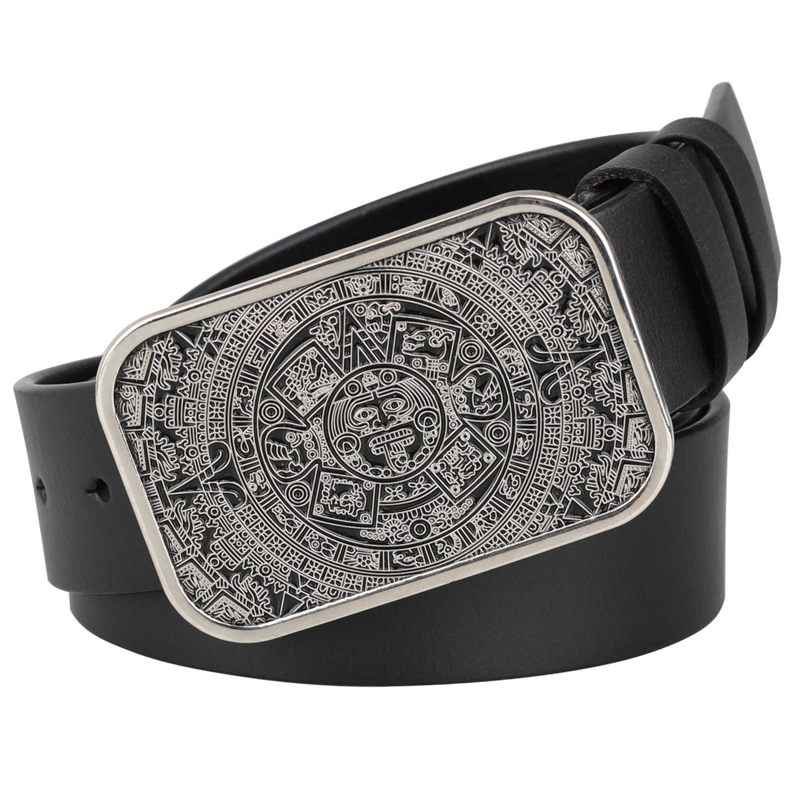 Mens Genuine Leather Belt Aztec Mayan Sun Calendar Rectangle Buckle - CowderryBeltsAntique Silver