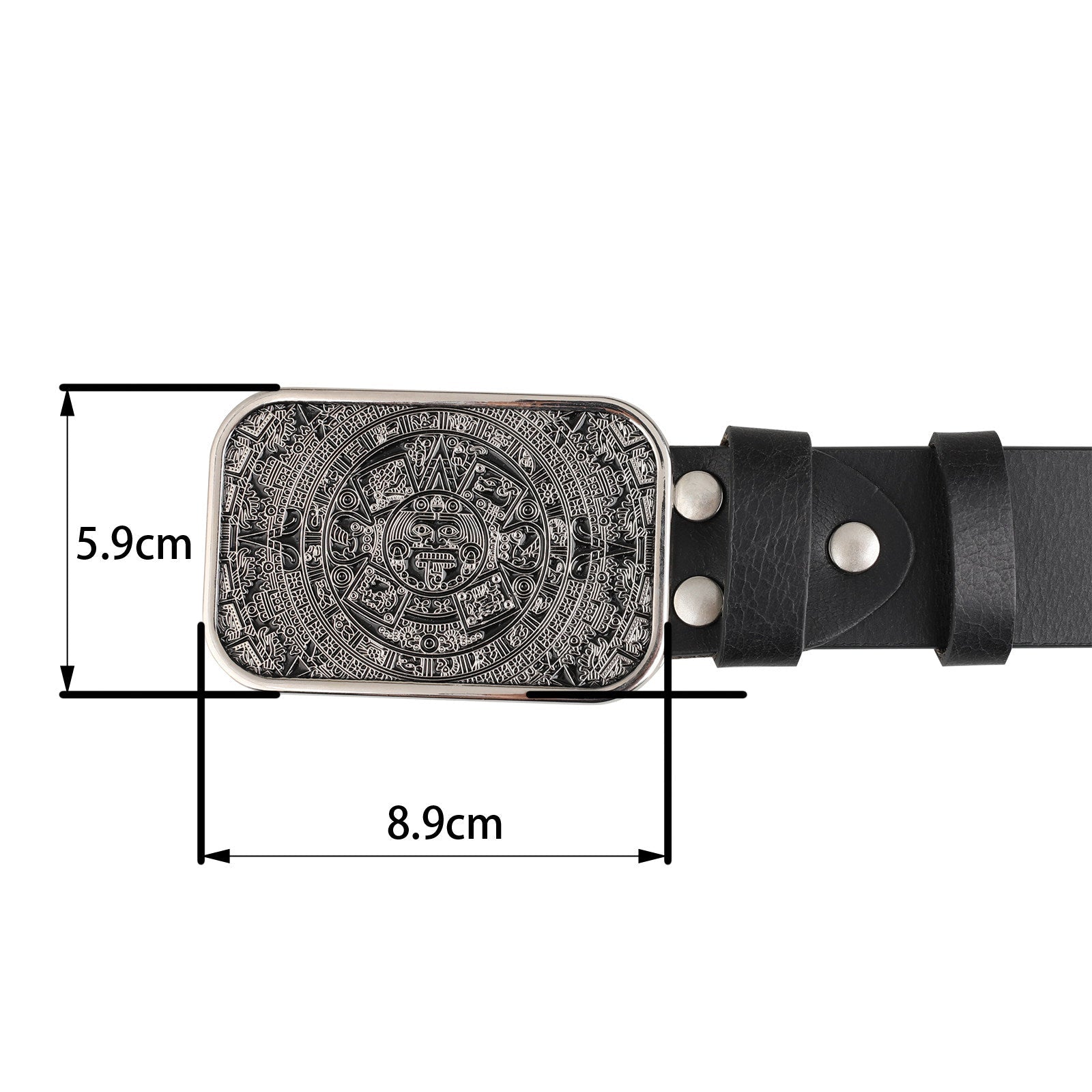 Mens Genuine Leather Belt Aztec Mayan Sun Calendar Rectangle Buckle - CowderryBeltsAntique Silver