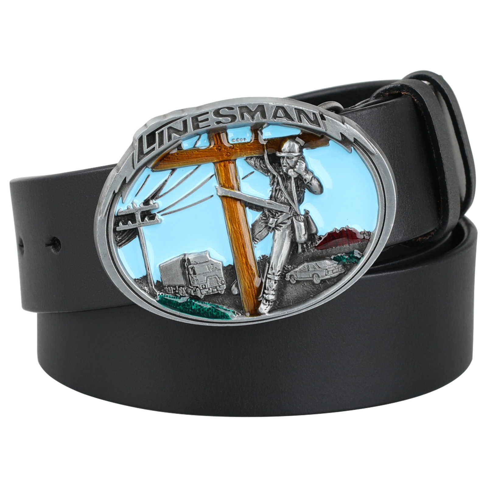 Mens Genuine Leather Belt Linesman Oval Buckle Electric Power Lineman - CowderryBeltsBlack