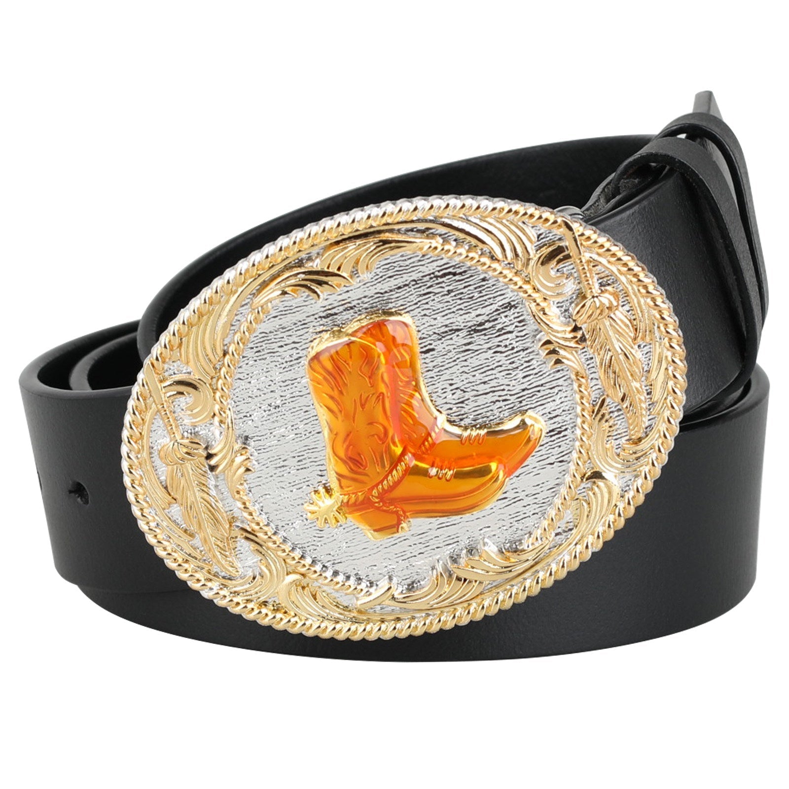 Mens Genuine Leather Western Belt Gold Silver Oval Buckle Cowboy - CowderryBoot