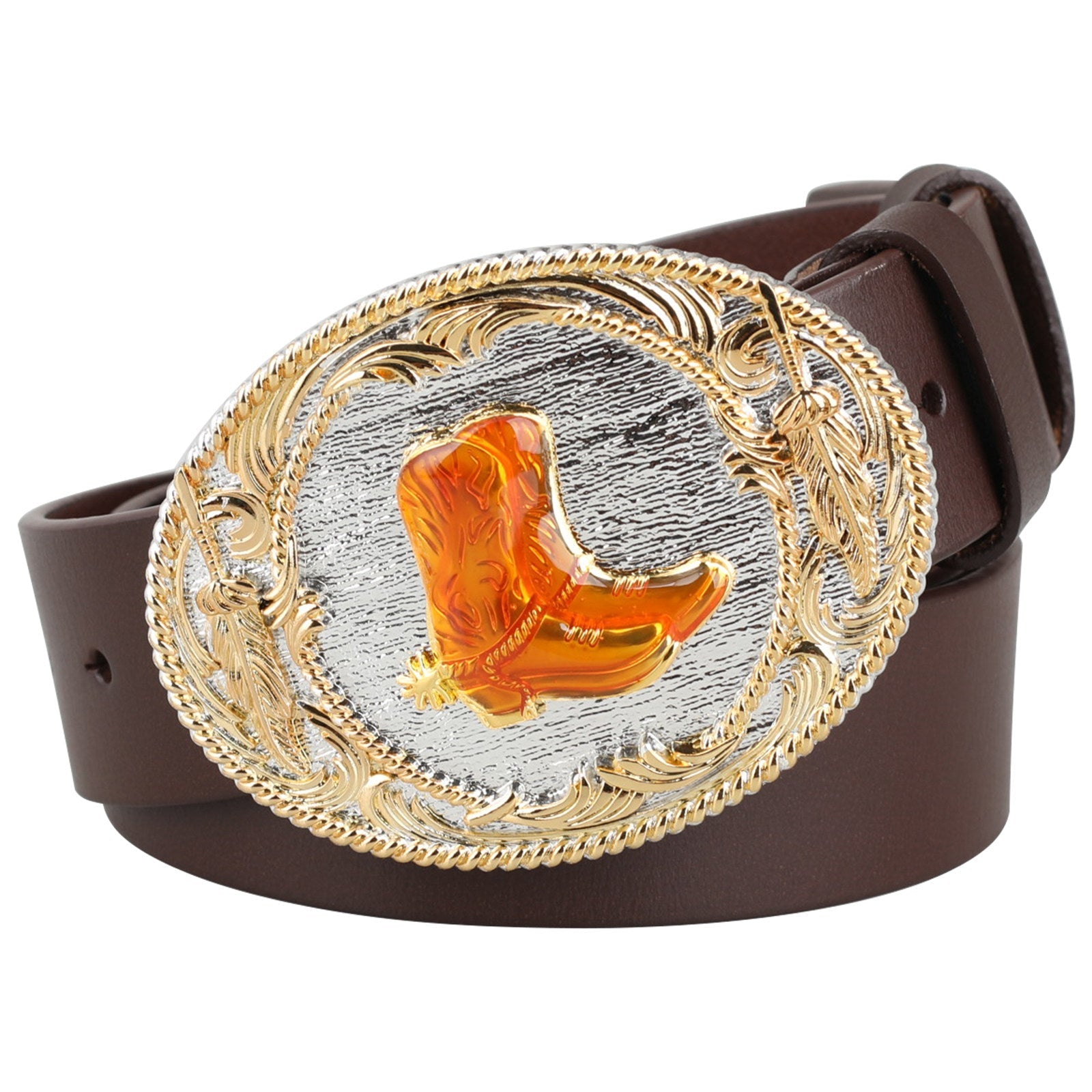 Mens Genuine Leather Western Belt Gold Silver Oval Buckle Cowboy - CowderryBoot
