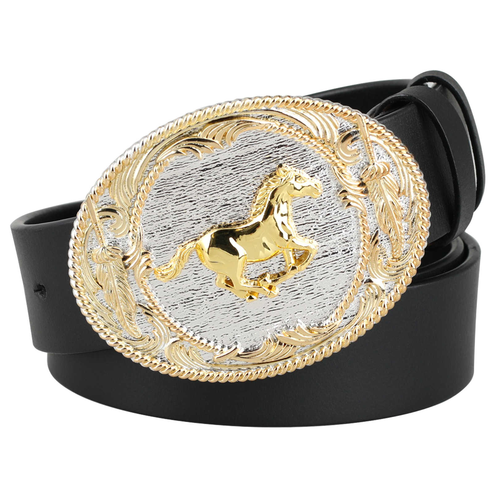 Mens Genuine Leather Western Belt Gold Silver Oval Buckle Cowboy - CowderryHorse