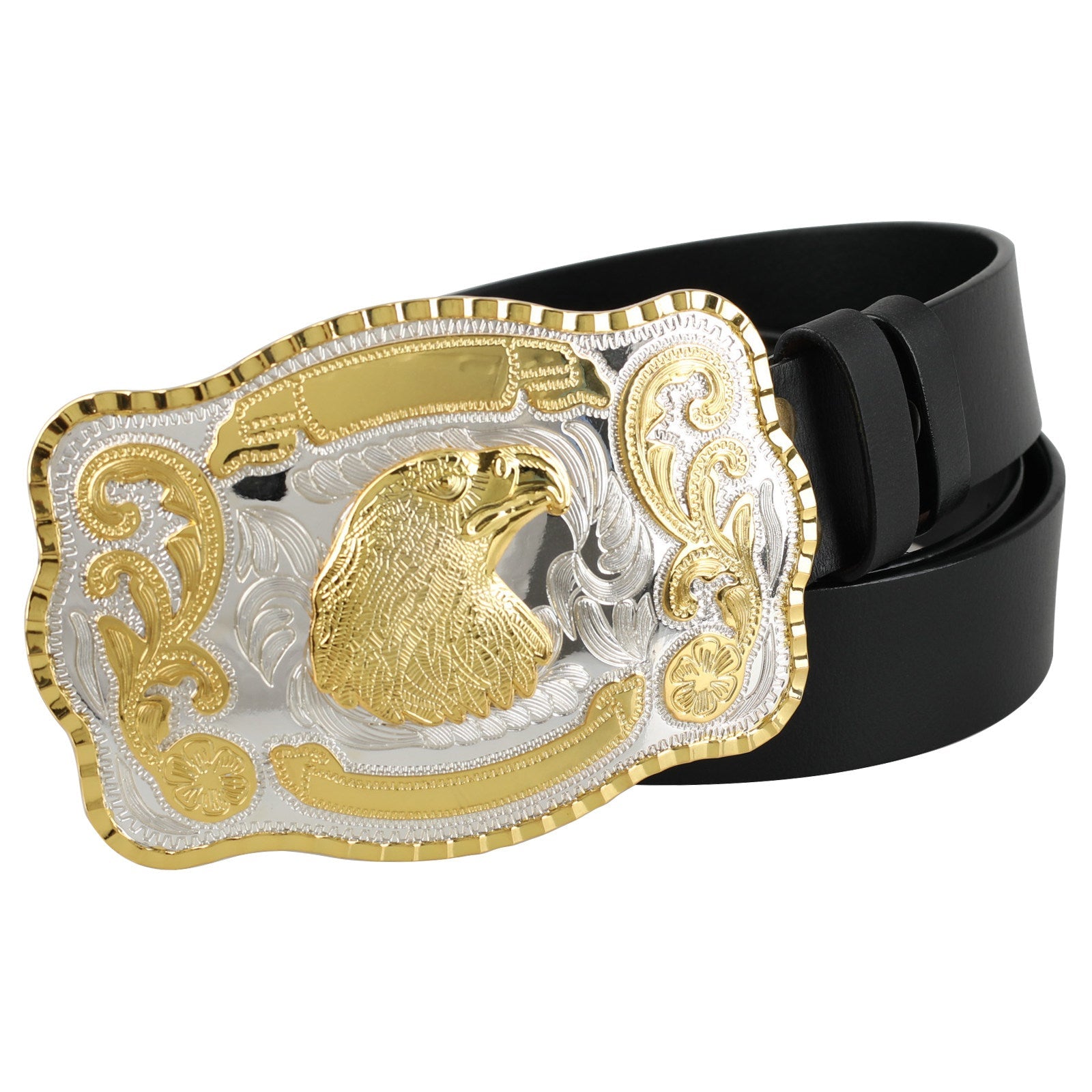 Mens Genuine Leather Western Belt Large Gold Silver Trophy Buckle - CowderryBeltsEagle
