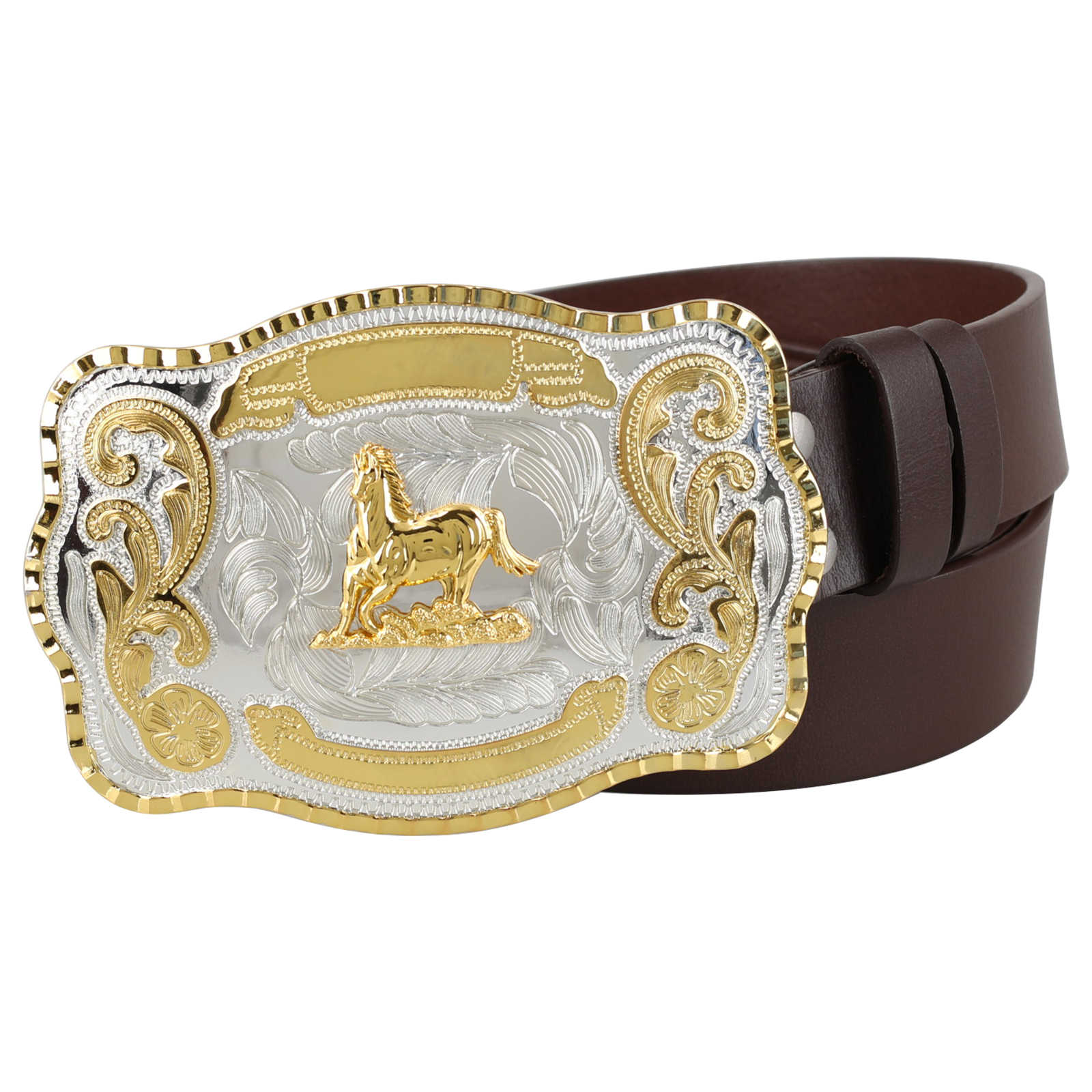 Mens Genuine Leather Western Belt Large Gold Silver Trophy Buckle - CowderryBeltsHorse