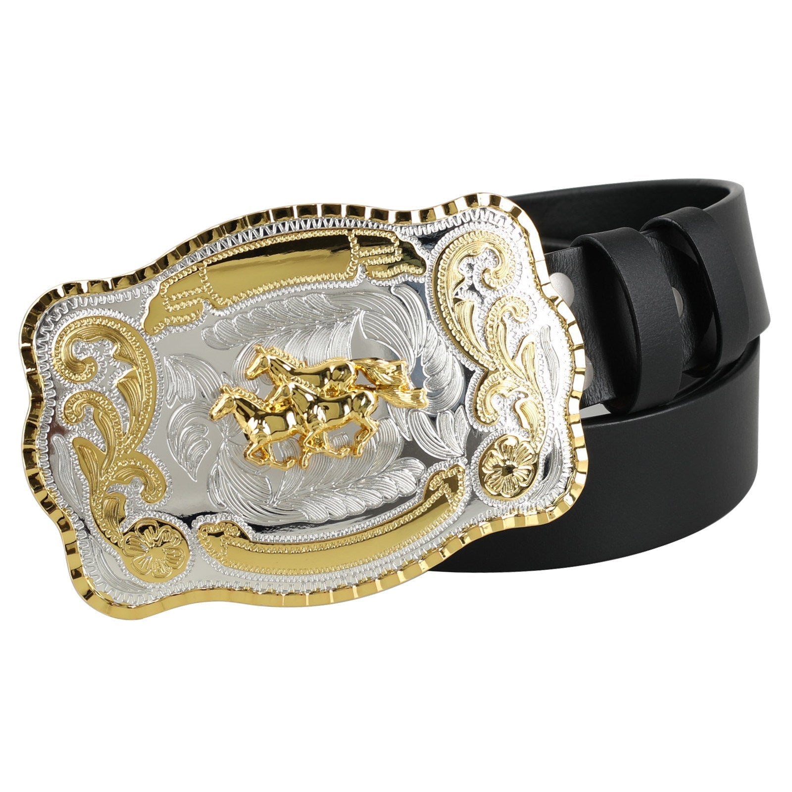 Mens Genuine Leather Western Belt Large Gold Silver Trophy Buckle - CowderryBeltsRunning Horses