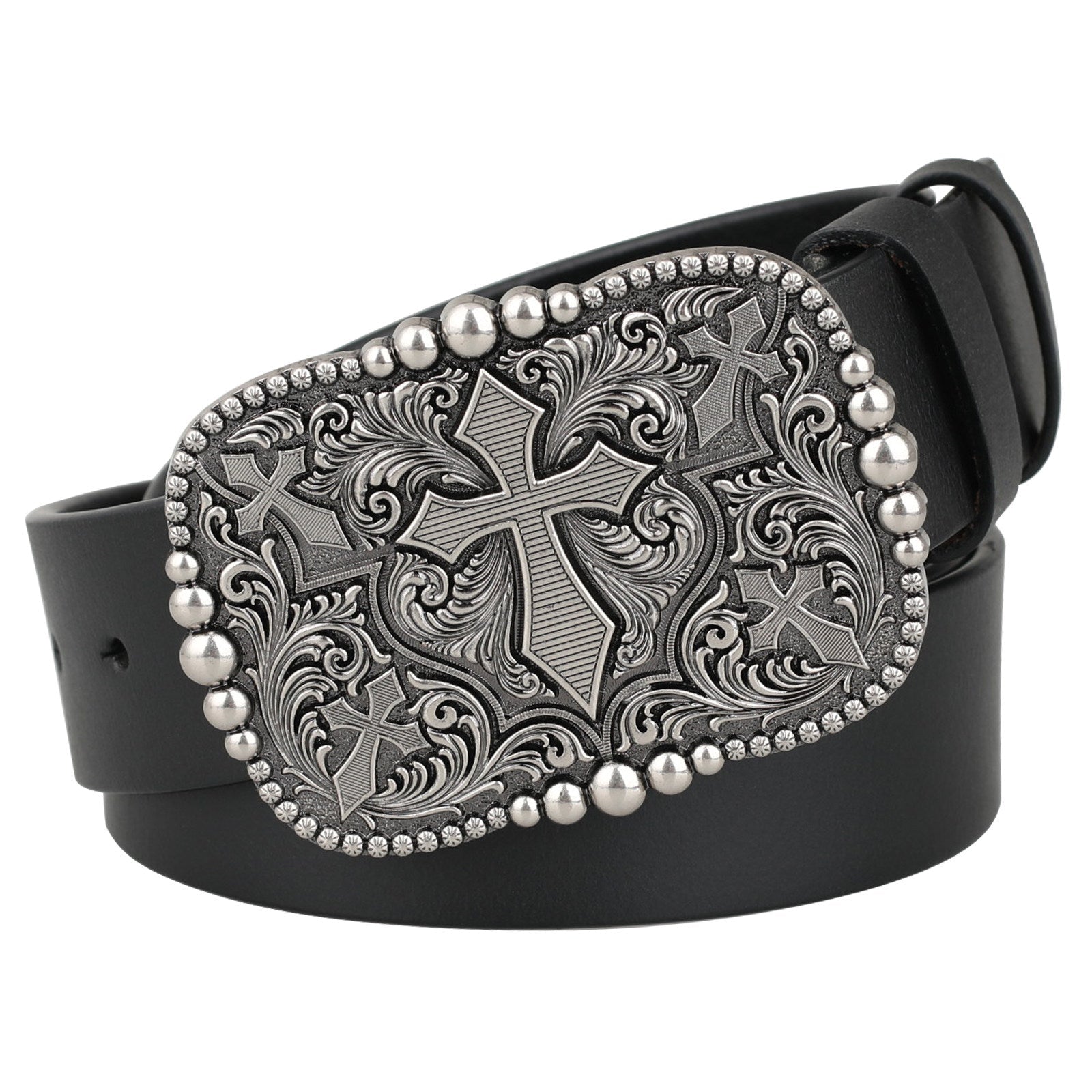 Mens Genuine Leather Western Belt Silver Cross Floral Buckle Christian - CowderryBeltsStyle 1
