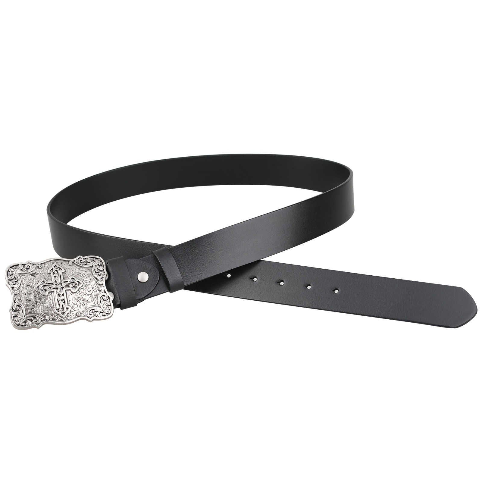 Mens Genuine Leather Western Belt Silver Cross Floral Buckle Christian - CowderryBeltsStyle 2