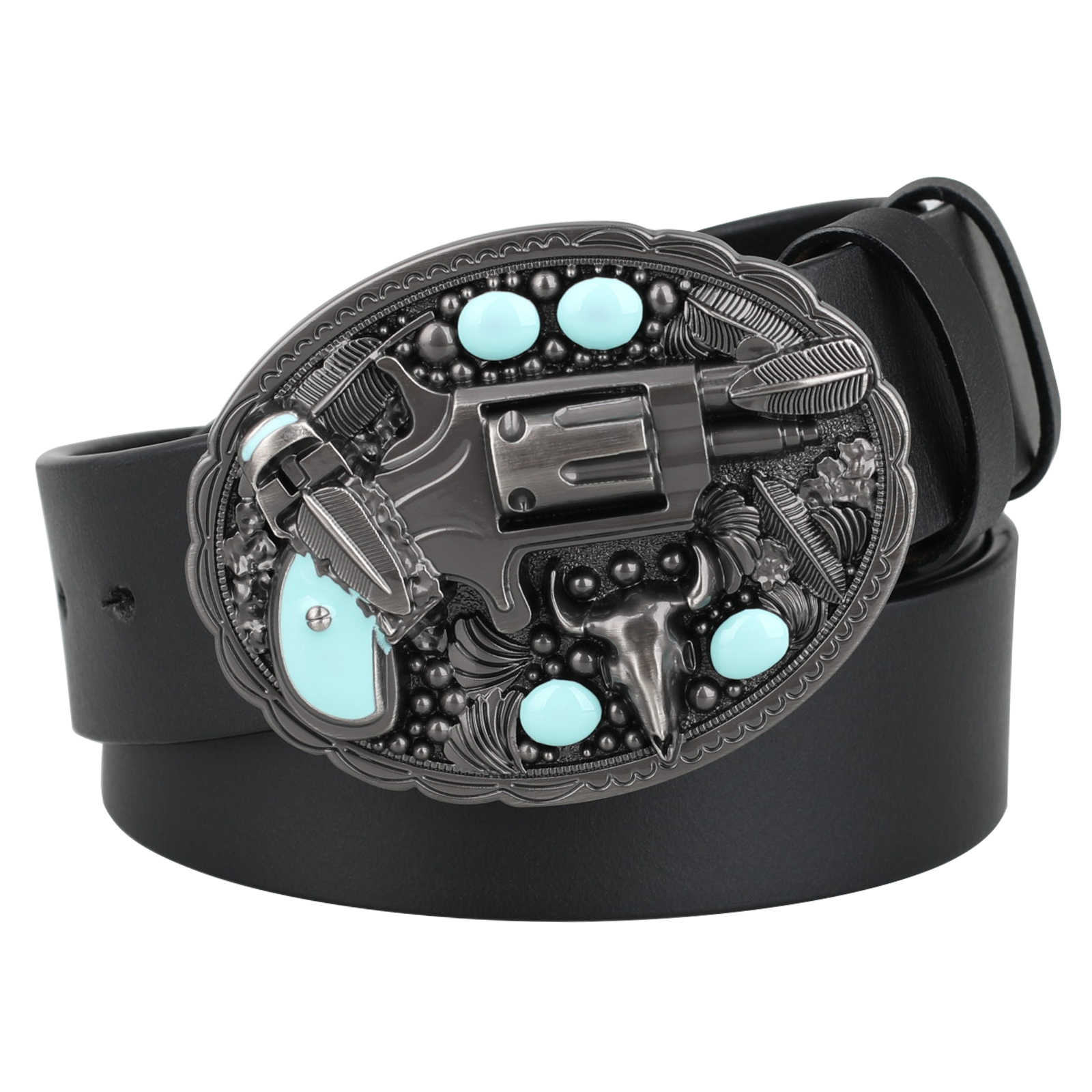 Mens Genuine Leather Western Belt Turquoise Revolver Longhorn Buckle - CowderryBeltsBlack