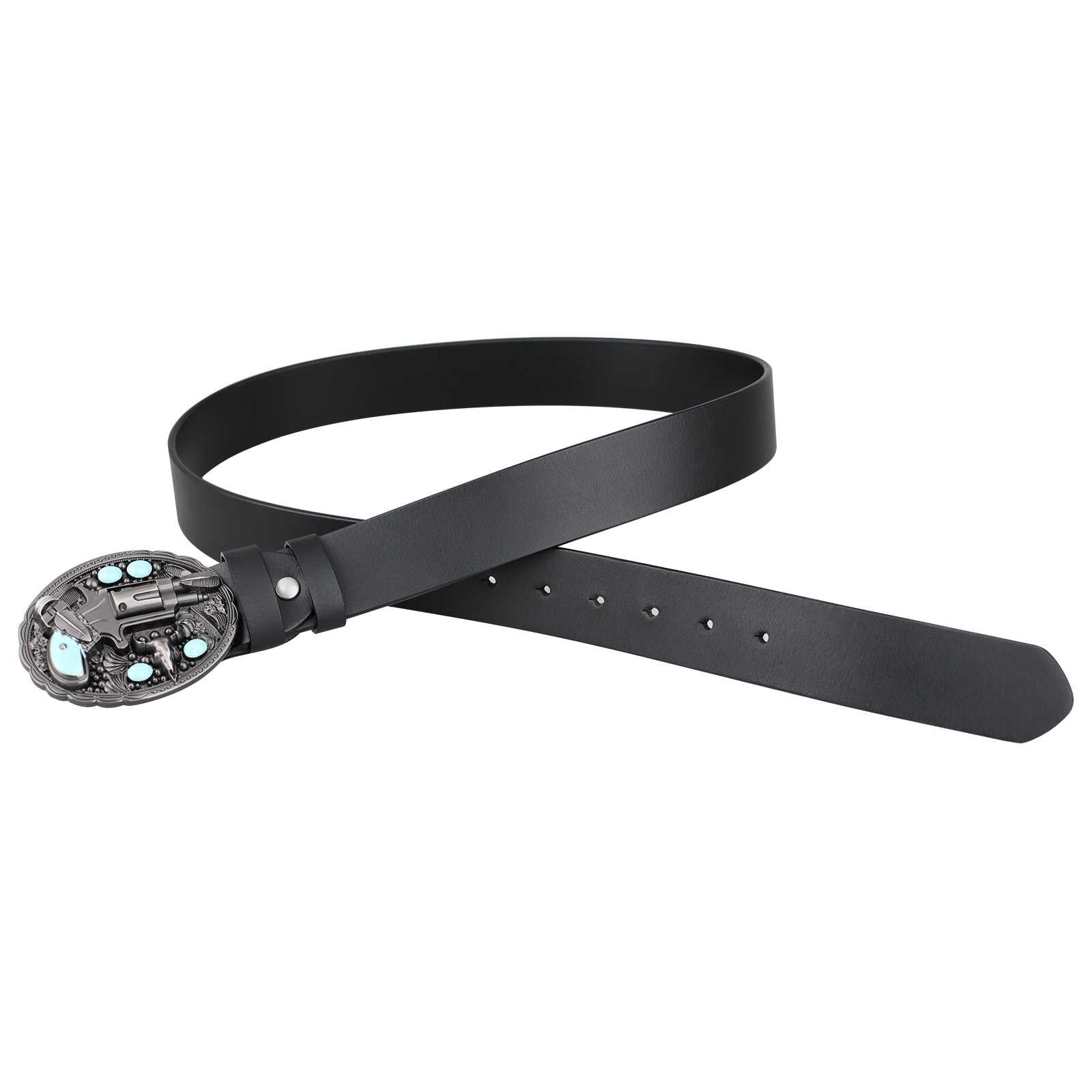 Mens Genuine Leather Western Belt Turquoise Revolver Longhorn Buckle - CowderryBeltsBlack
