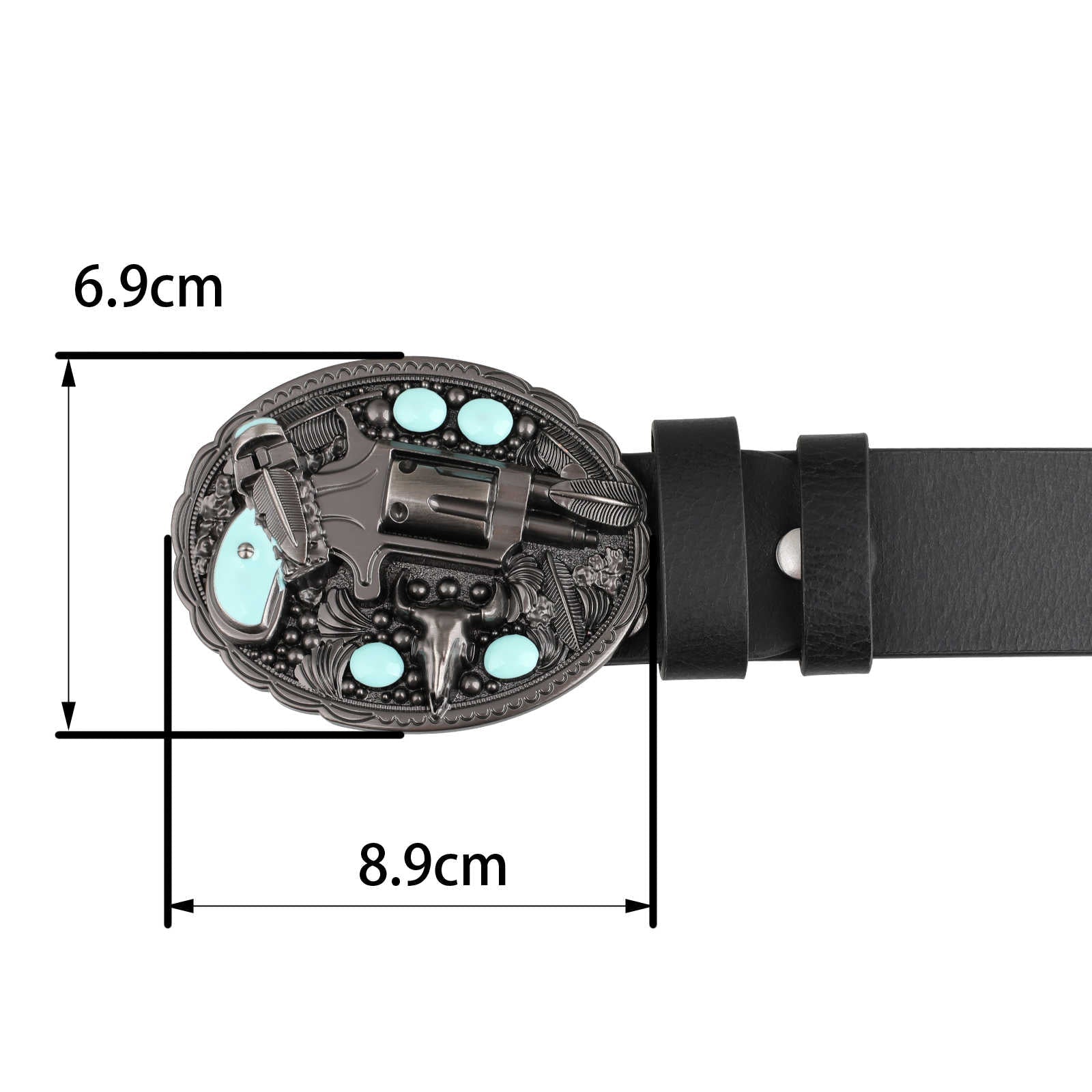 Mens Genuine Leather Western Belt Turquoise Revolver Longhorn Buckle - CowderryBeltsBlack