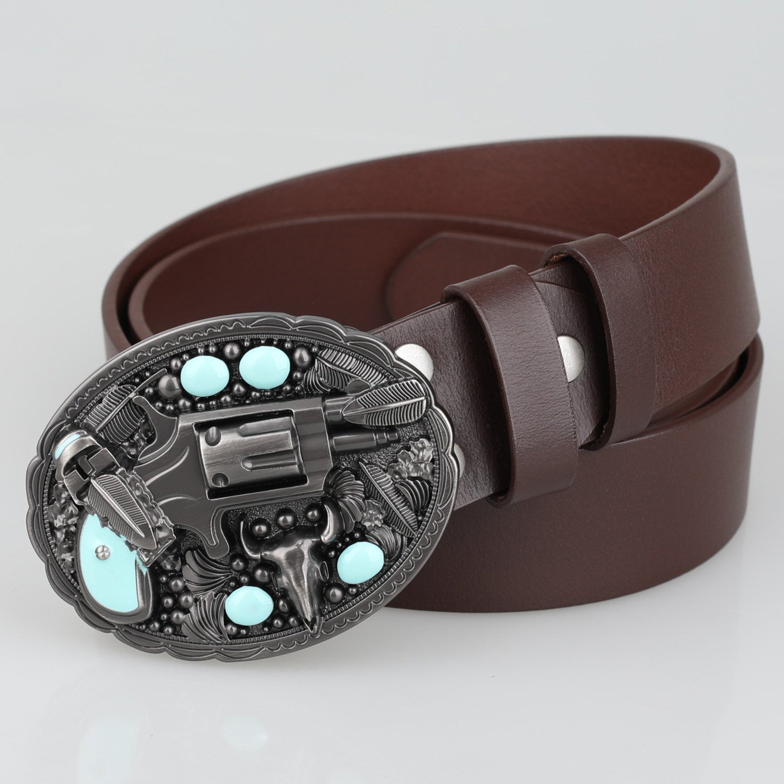Mens Genuine Leather Western Belt Turquoise Revolver Longhorn Buckle - CowderryBeltsDark Brown