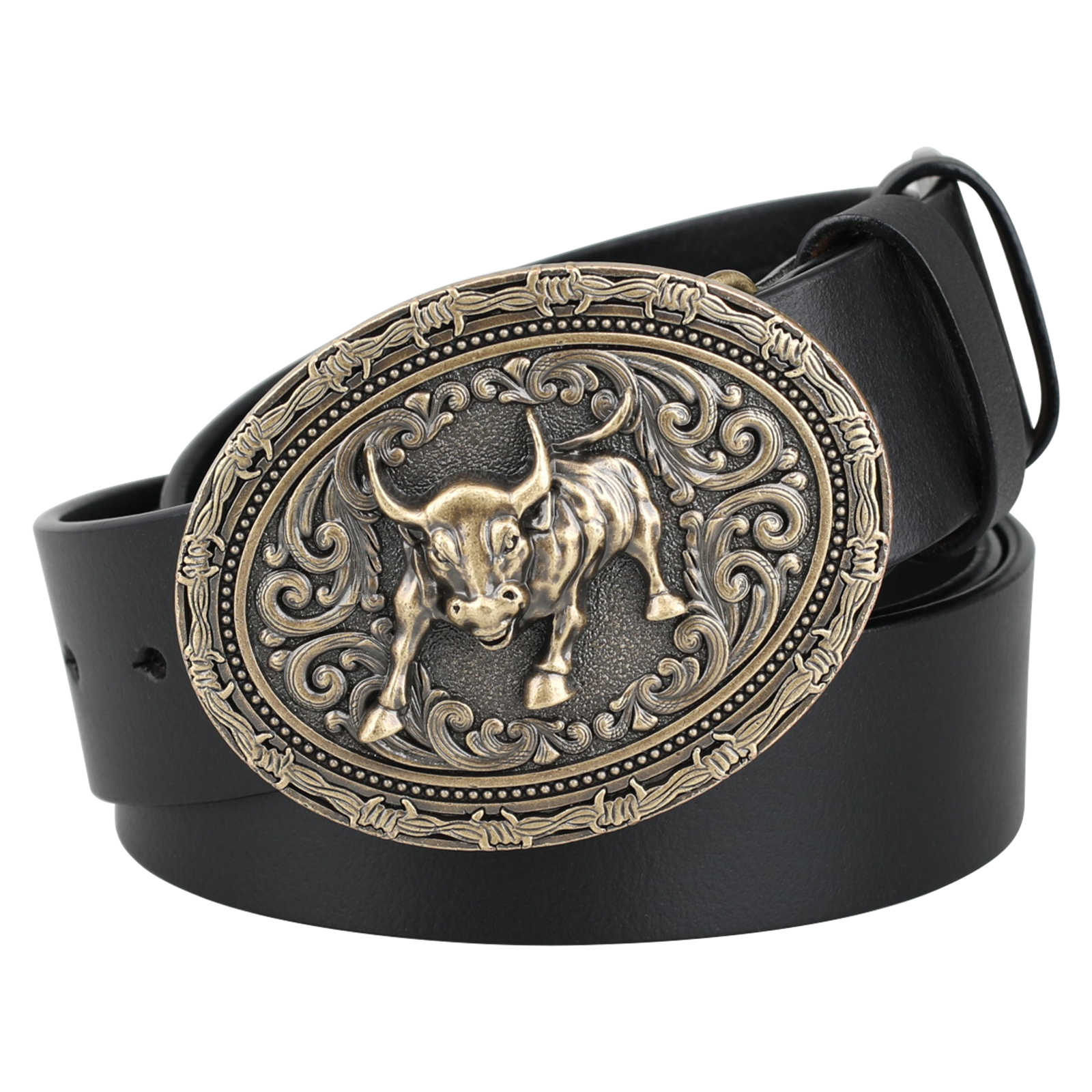 Mens Genuine Leather Western Country Belt Antique Bronze Bull Buckle - CowderryBeltsBlack