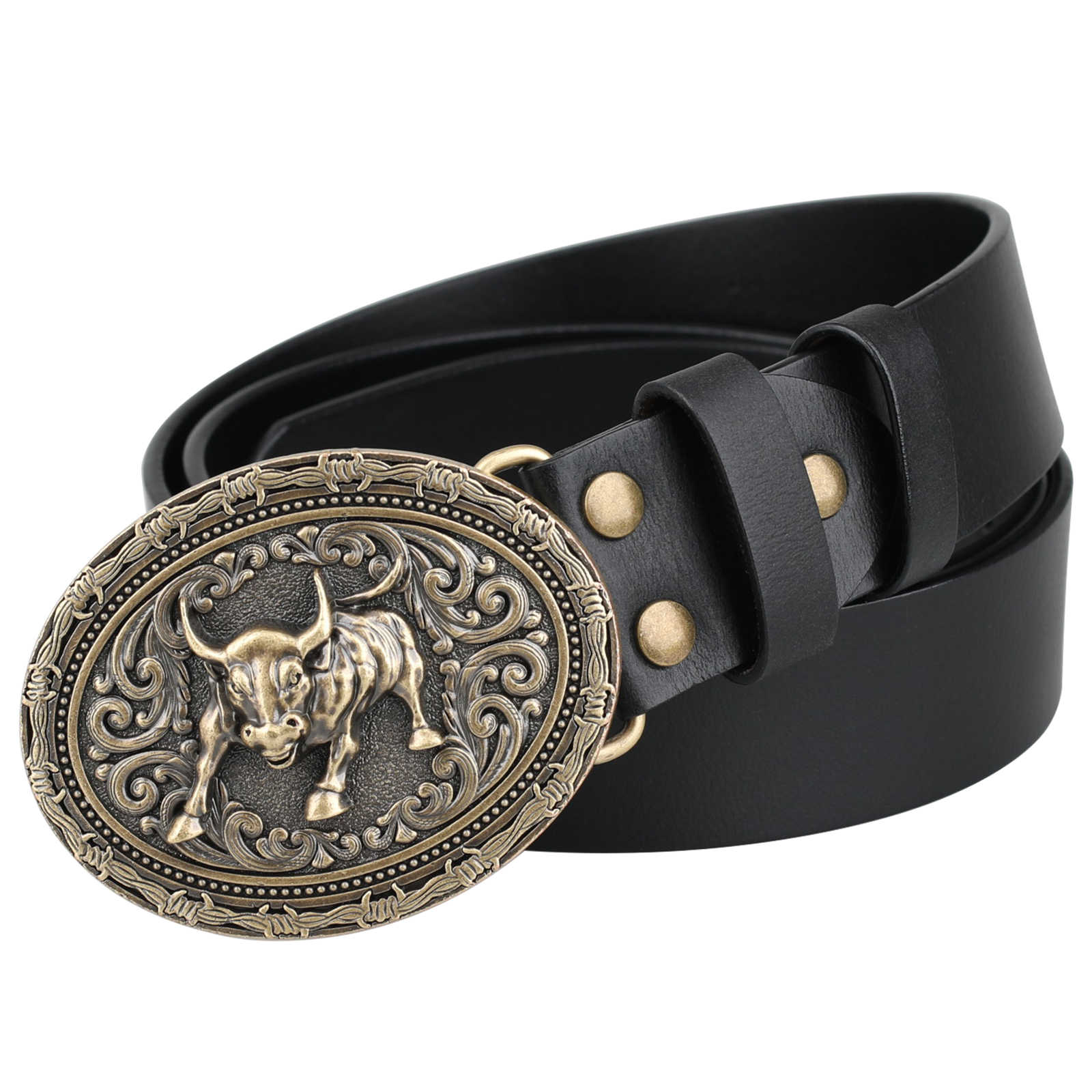 Mens Genuine Leather Western Country Belt Antique Bronze Bull Buckle - CowderryBeltsBlack
