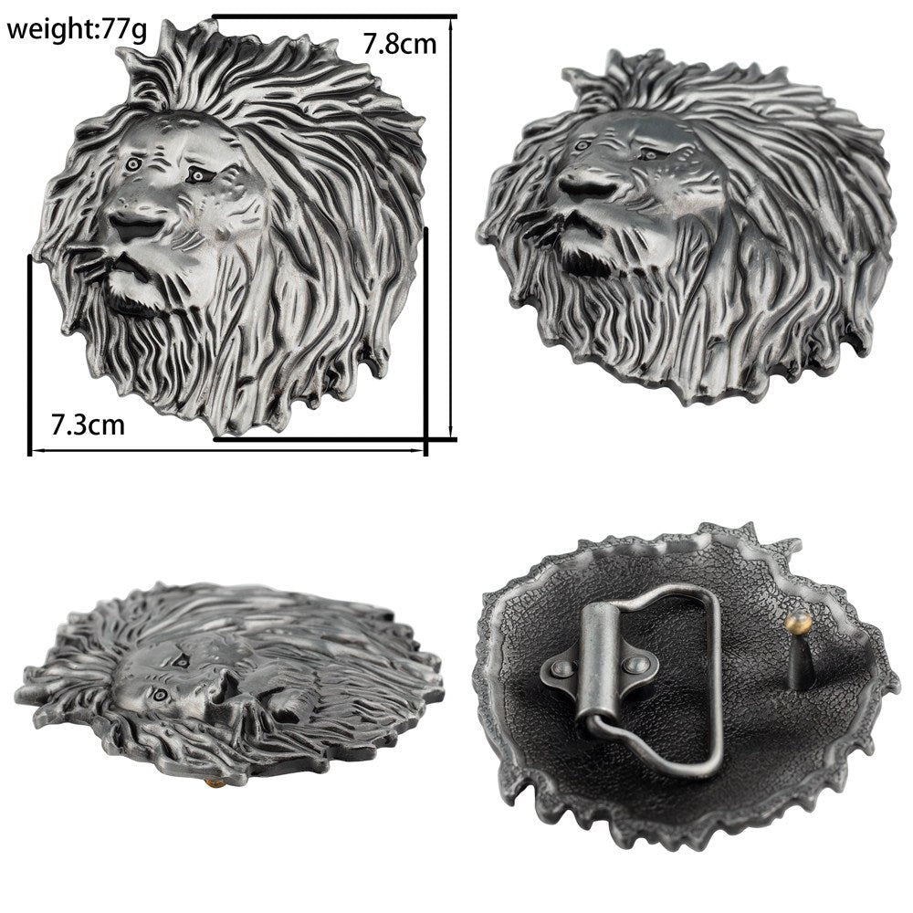 Mens Lion Head Buckle Leather Belt Embossed Western - CowderryBeltsAntique Gold