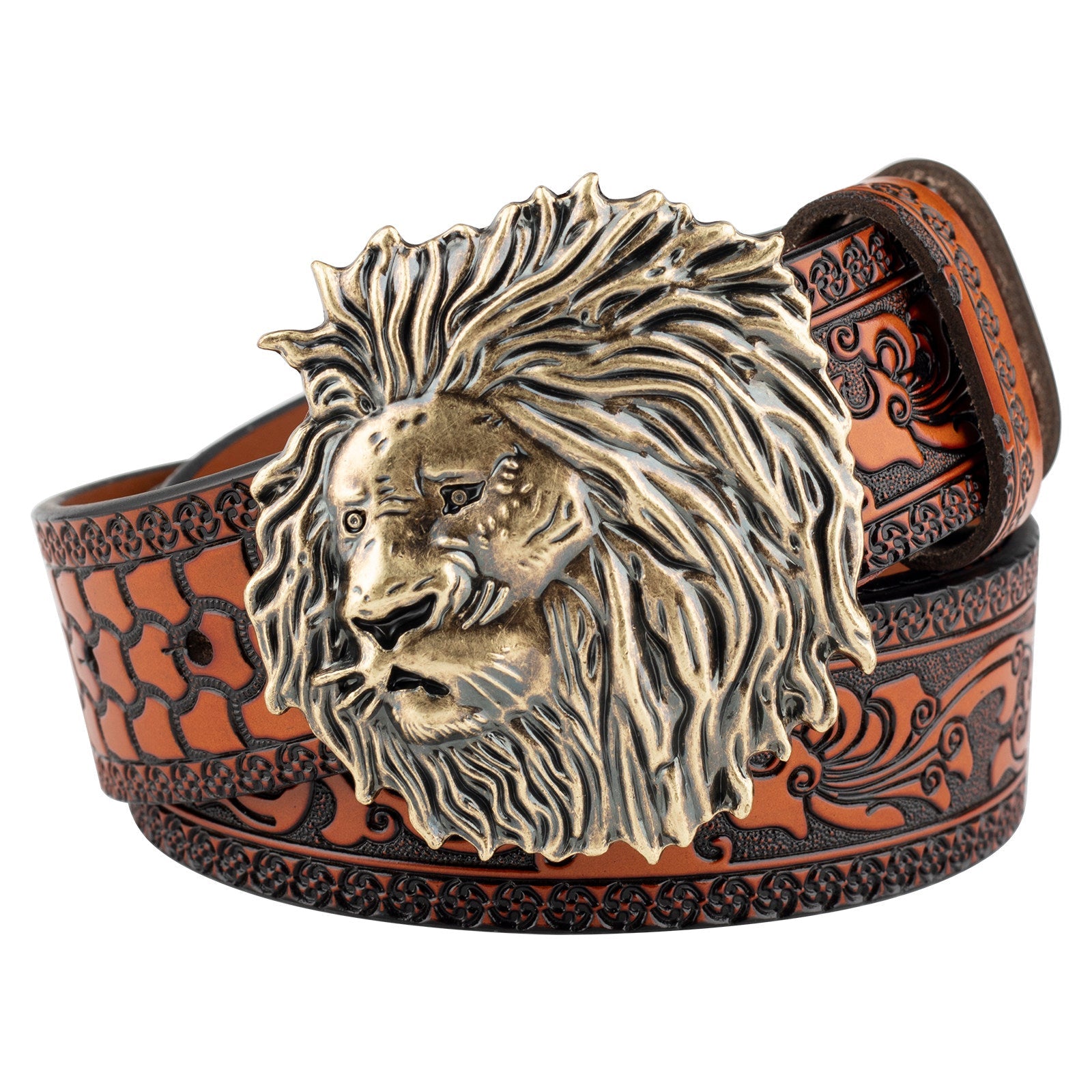 Mens Lion Head Buckle Leather Belt Embossed Western - CowderryBeltsAntique Gold