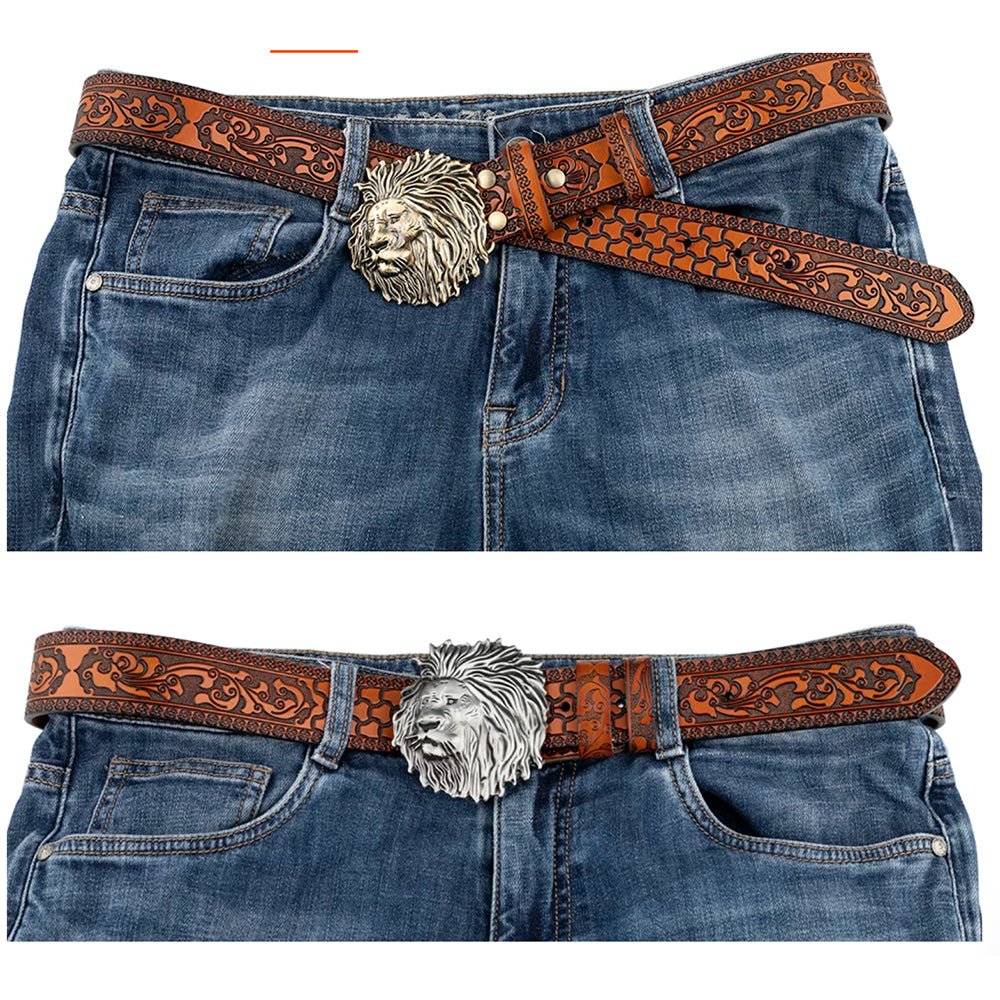 Mens Lion Head Buckle Leather Belt Embossed Western - CowderryBeltsAntique Gold