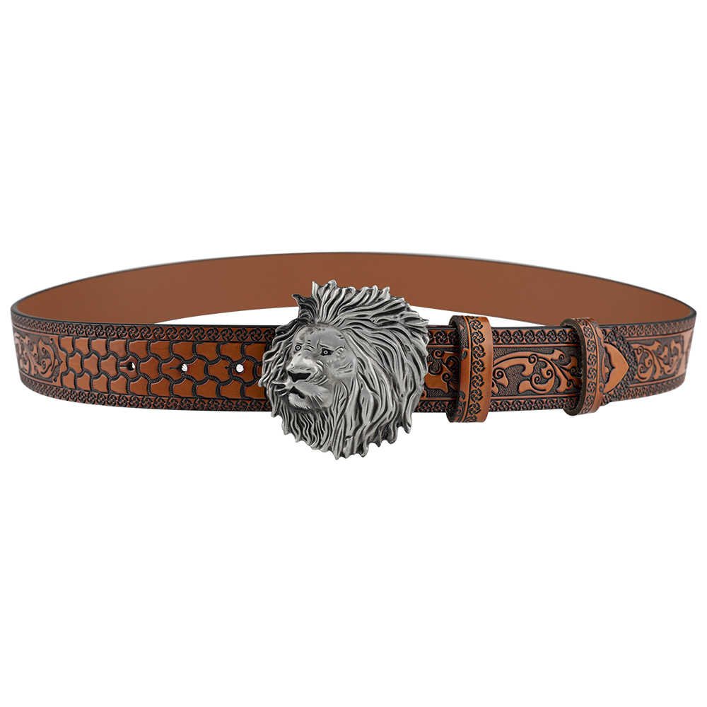 Mens Lion Head Buckle Leather Belt Embossed Western - CowderryBeltsAntique Gold