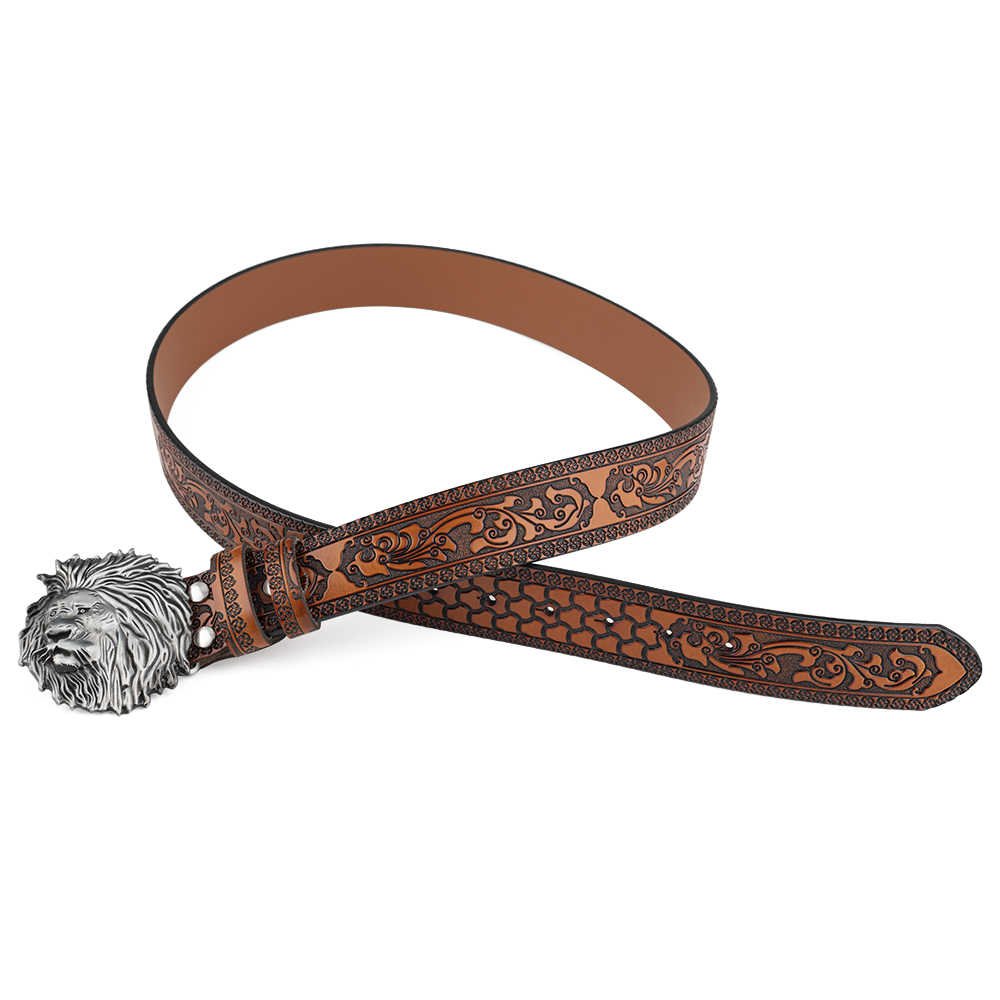 Mens Lion Head Buckle Leather Belt Embossed Western - CowderryBeltsAntique Gold