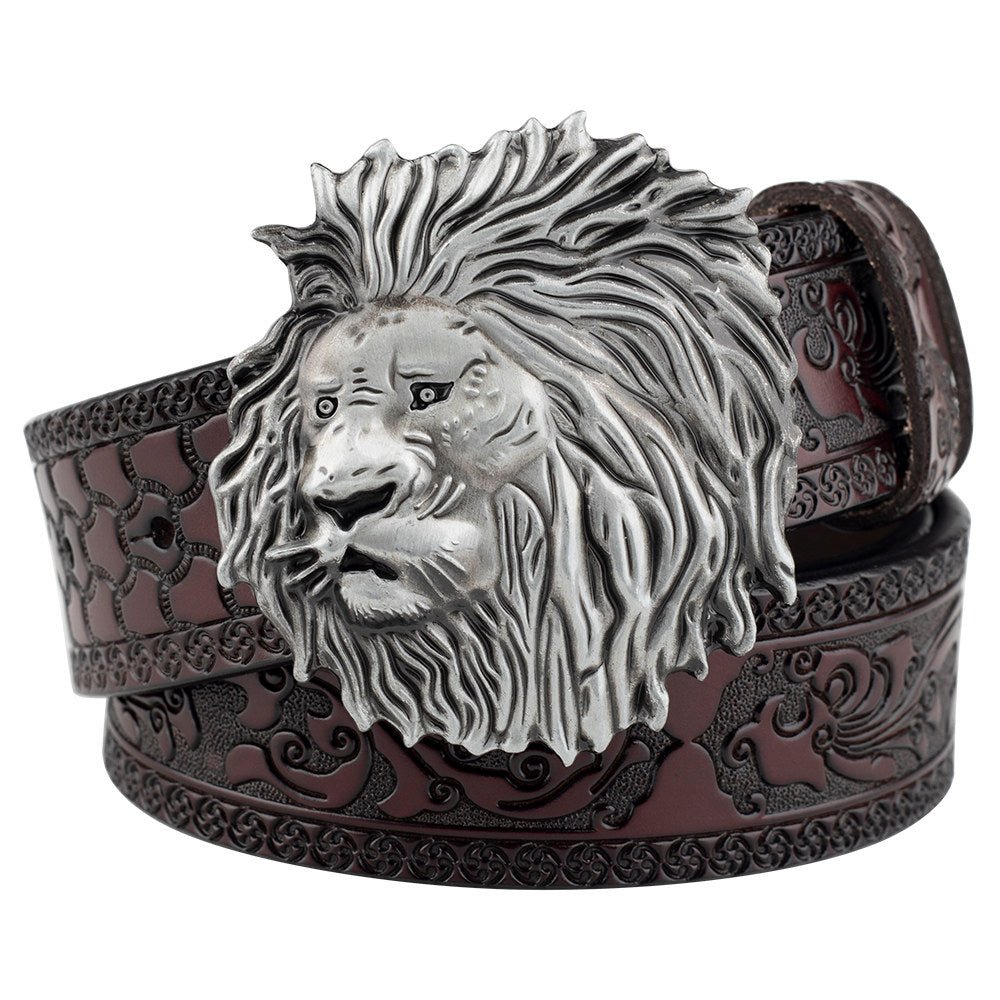 Mens Lion Head Buckle Leather Belt Embossed Western - CowderryBeltsAntique Silver