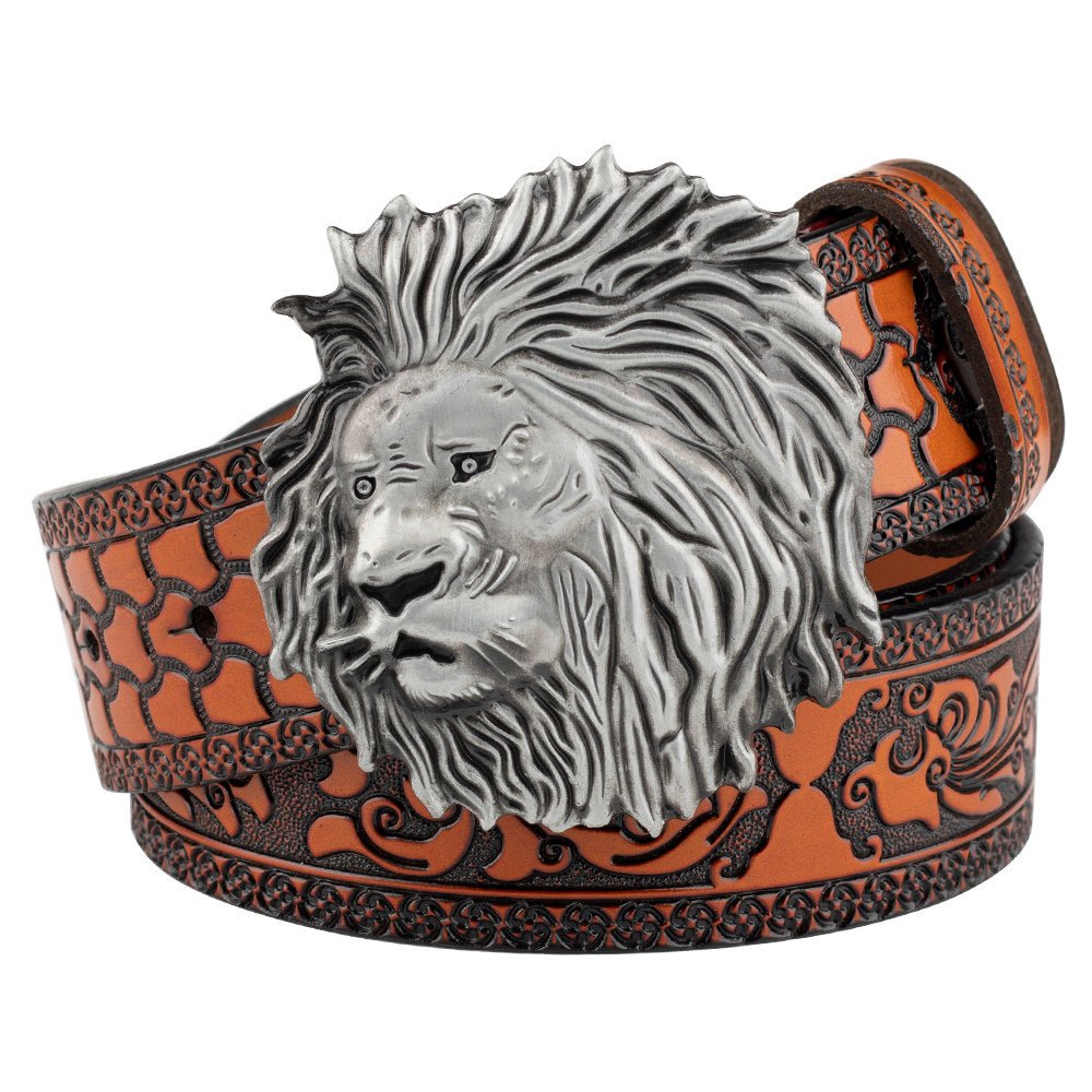 Mens Lion Head Buckle Leather Belt Embossed Western - CowderryBeltsAntique Silver