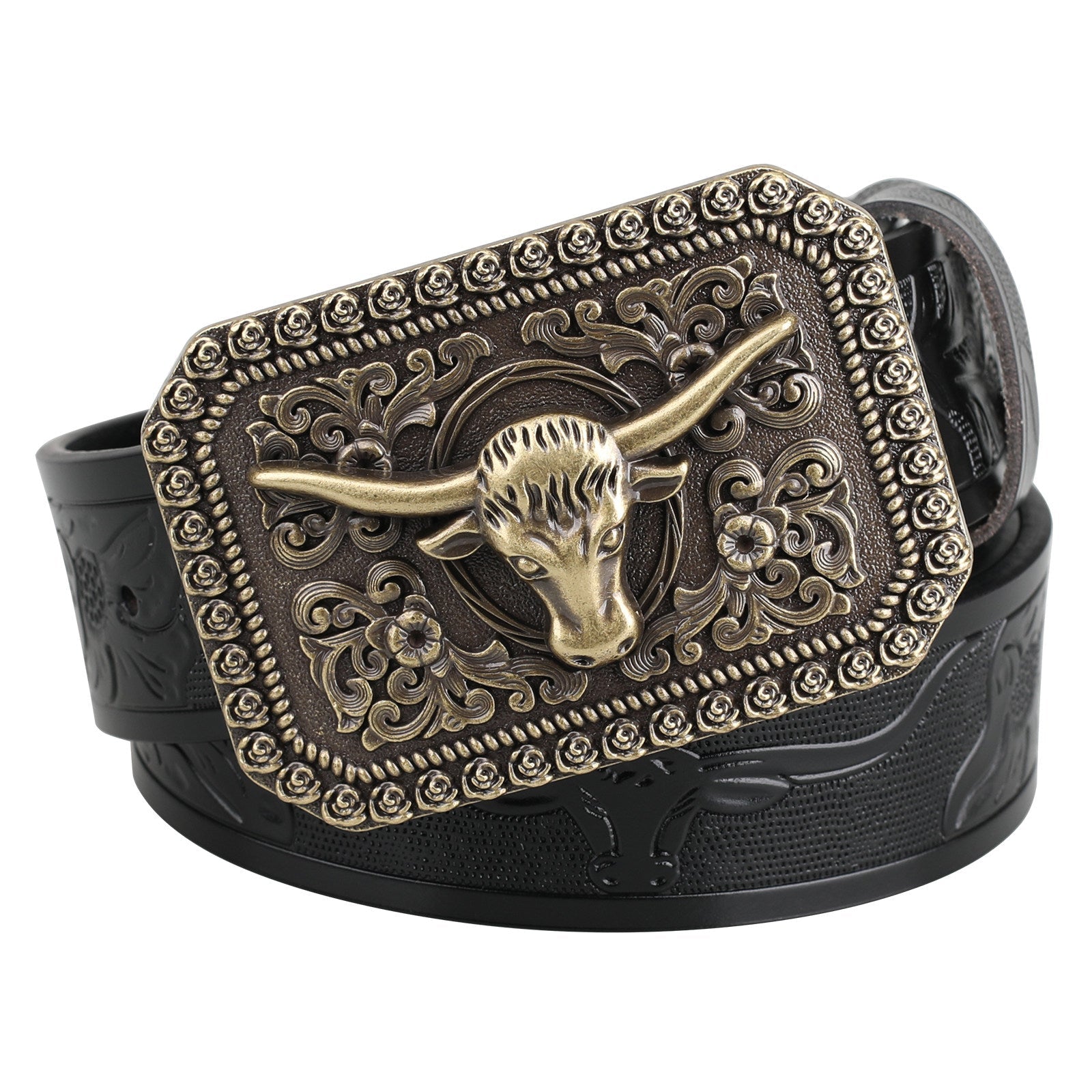 Mens Longhorn Western Leather Belt with Antique Bronze Bull Buckle - CowderryBeltsBlack