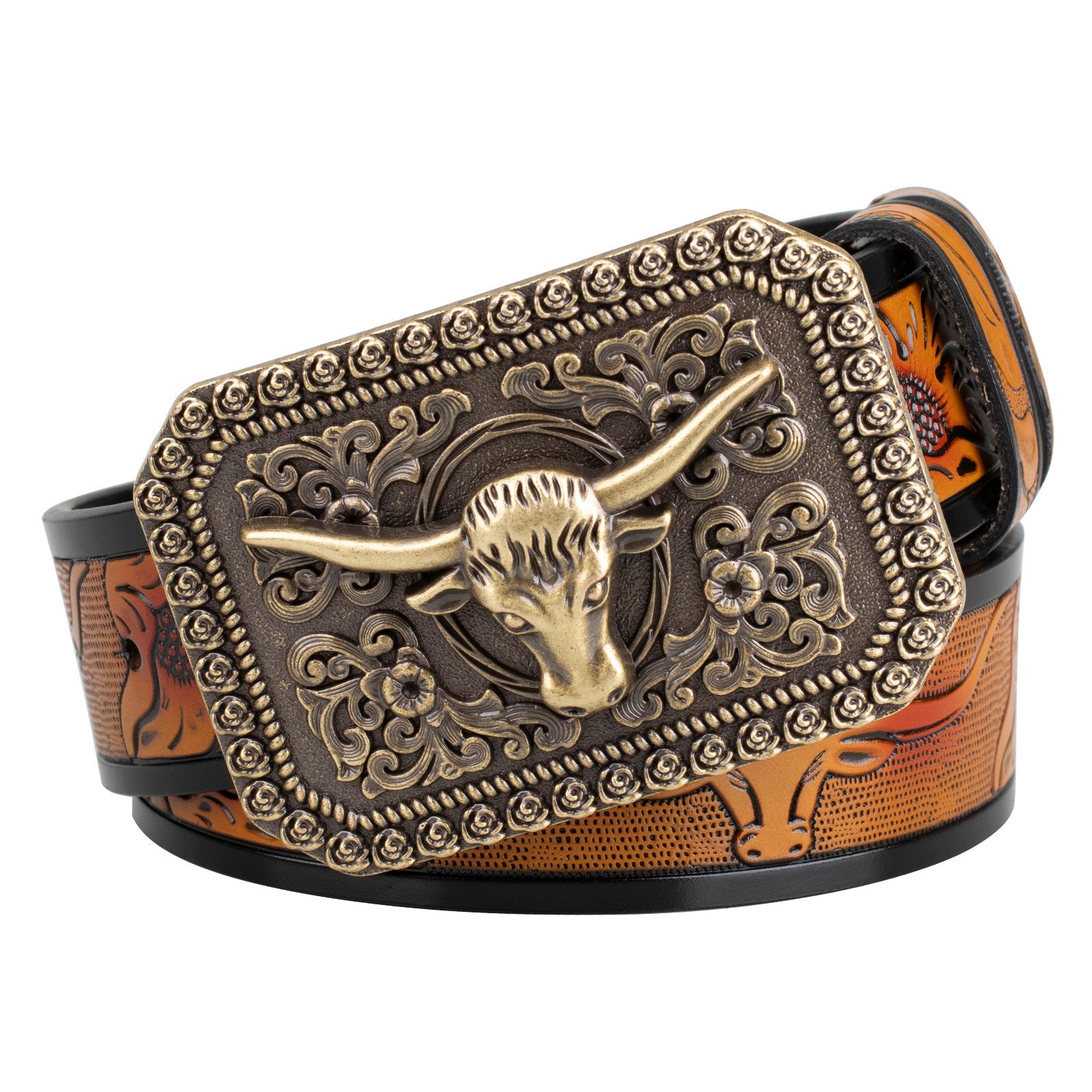 Mens Longhorn Western Leather Belt with Antique Bronze Bull Buckle - CowderryBeltsBrown and Black