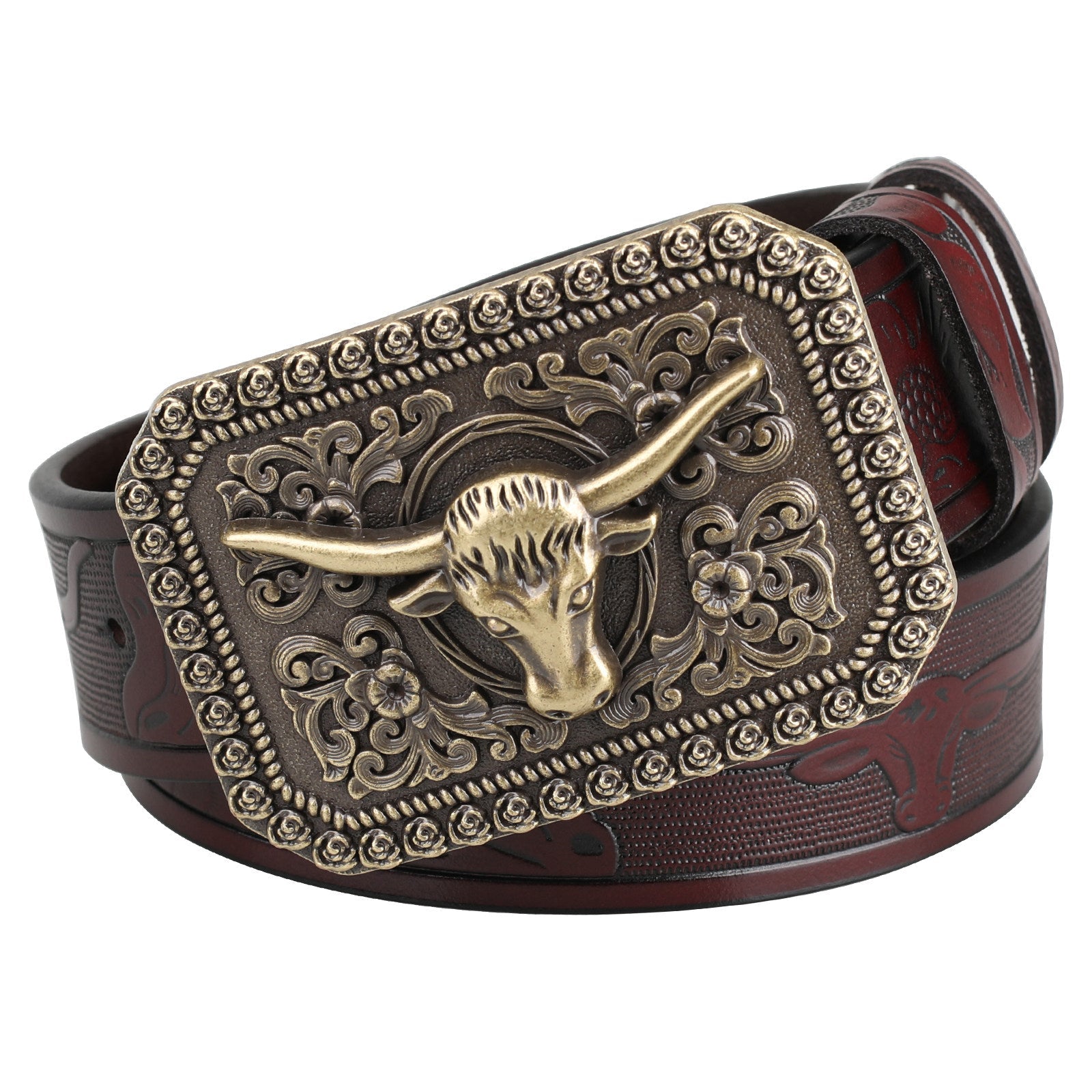 Mens Longhorn Western Leather Belt with Antique Bronze Bull Buckle - CowderryBeltsDark Brown