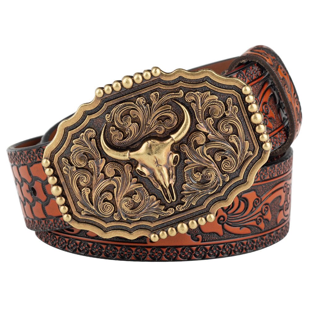 Mens Western Floral Tooled Leather Belt Bull Skull Gold Octagon Buckle Cowboy - CowderryBeltsSaddle Tan