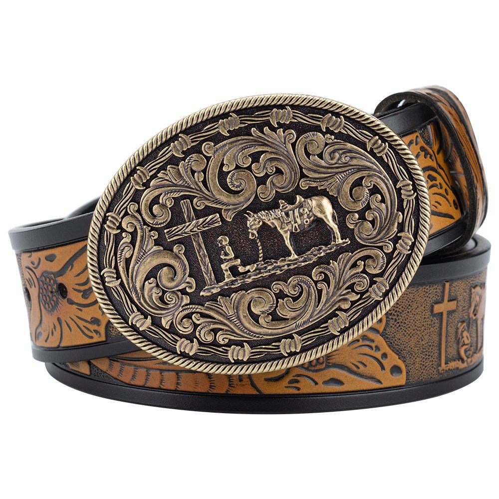 Mens Western Floral Tooled Leather Belt Cowboy Praying Cross Horse Buckle - CowderryBeltsAntique Gold