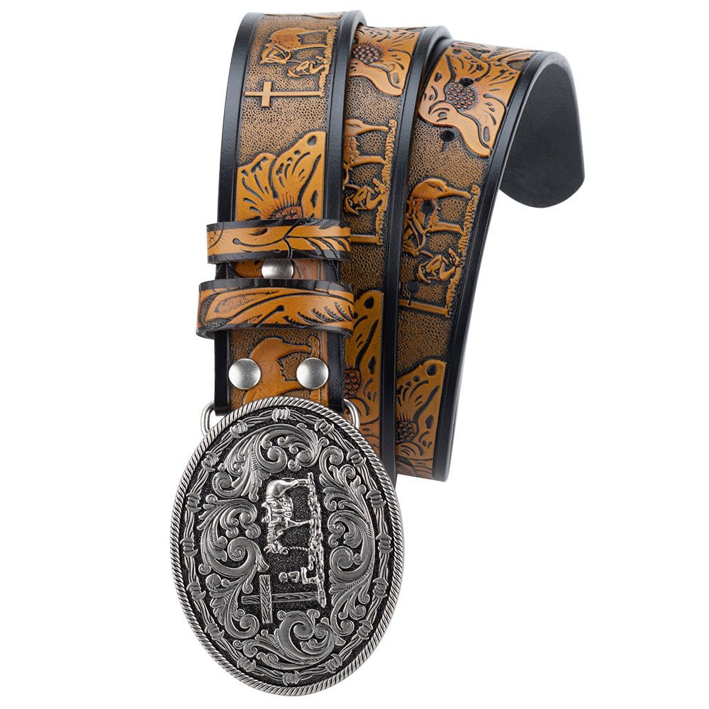 Mens Western Floral Tooled Leather Belt Cowboy Praying Cross Horse Buckle - CowderryBeltsAntique Silver